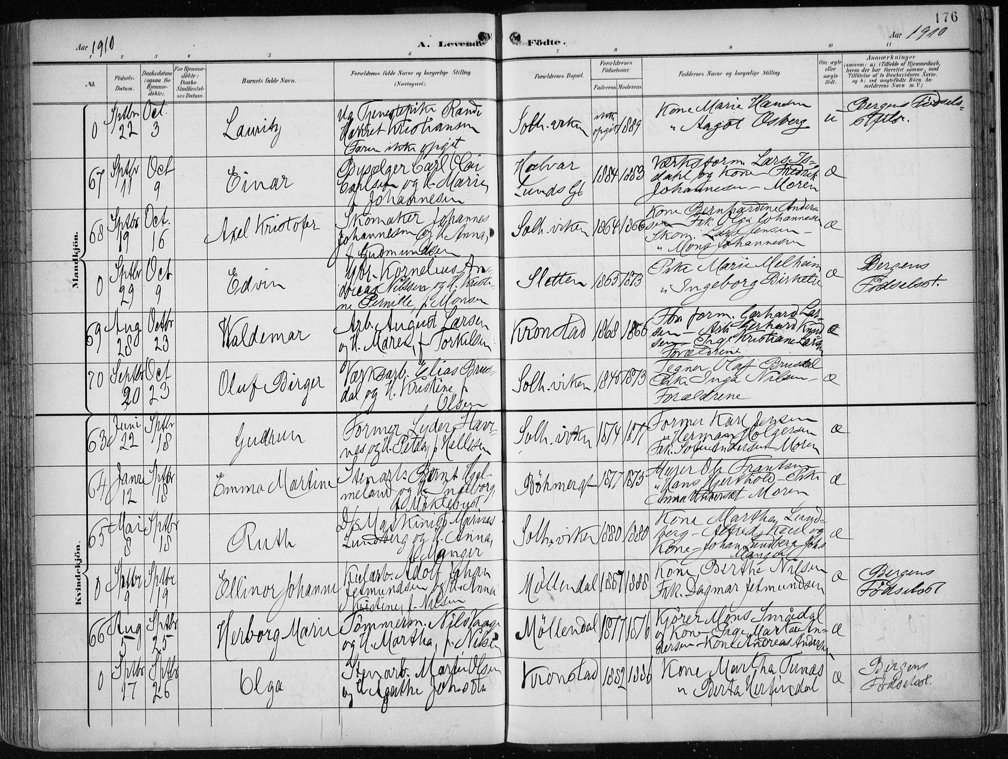 Årstad Sokneprestembete, AV/SAB-A-79301/H/Haa/L0002: Parish register (official) no. A 2, 1899-1914, p. 176