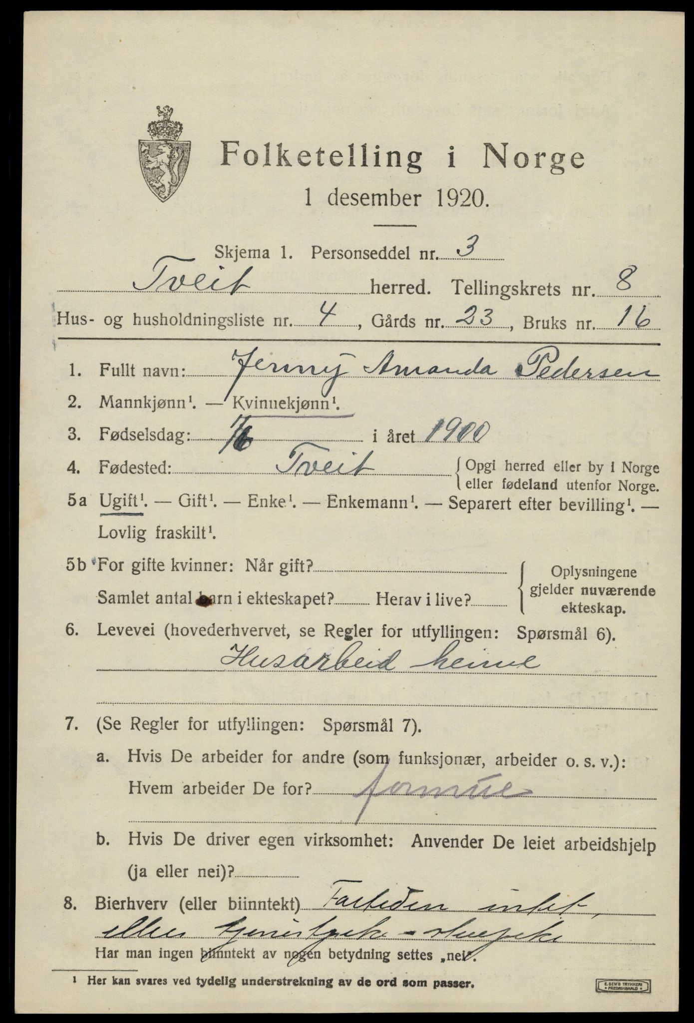 SAK, 1920 census for Tveit, 1920, p. 3506