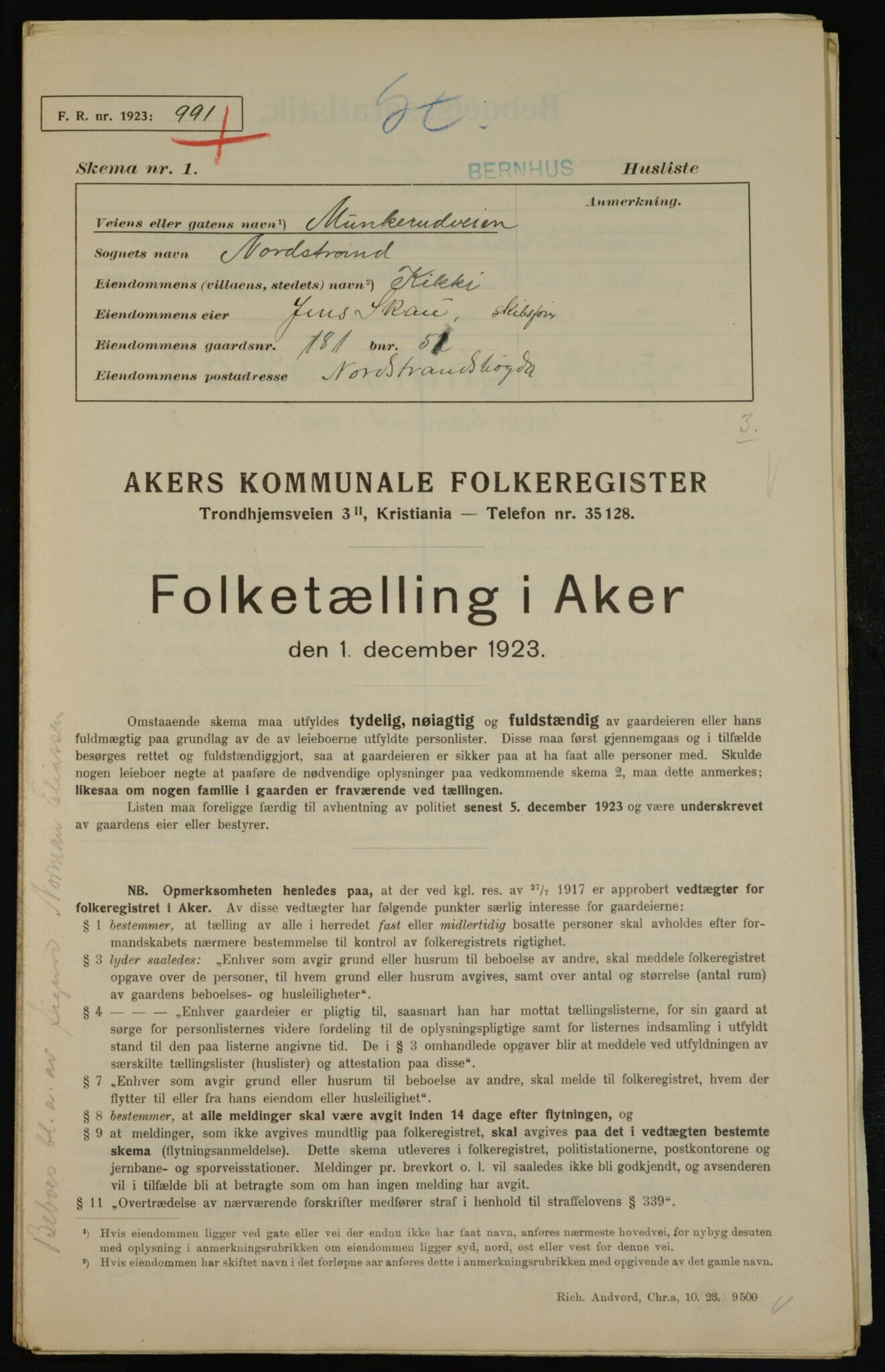 , Municipal Census 1923 for Aker, 1923, p. 42452