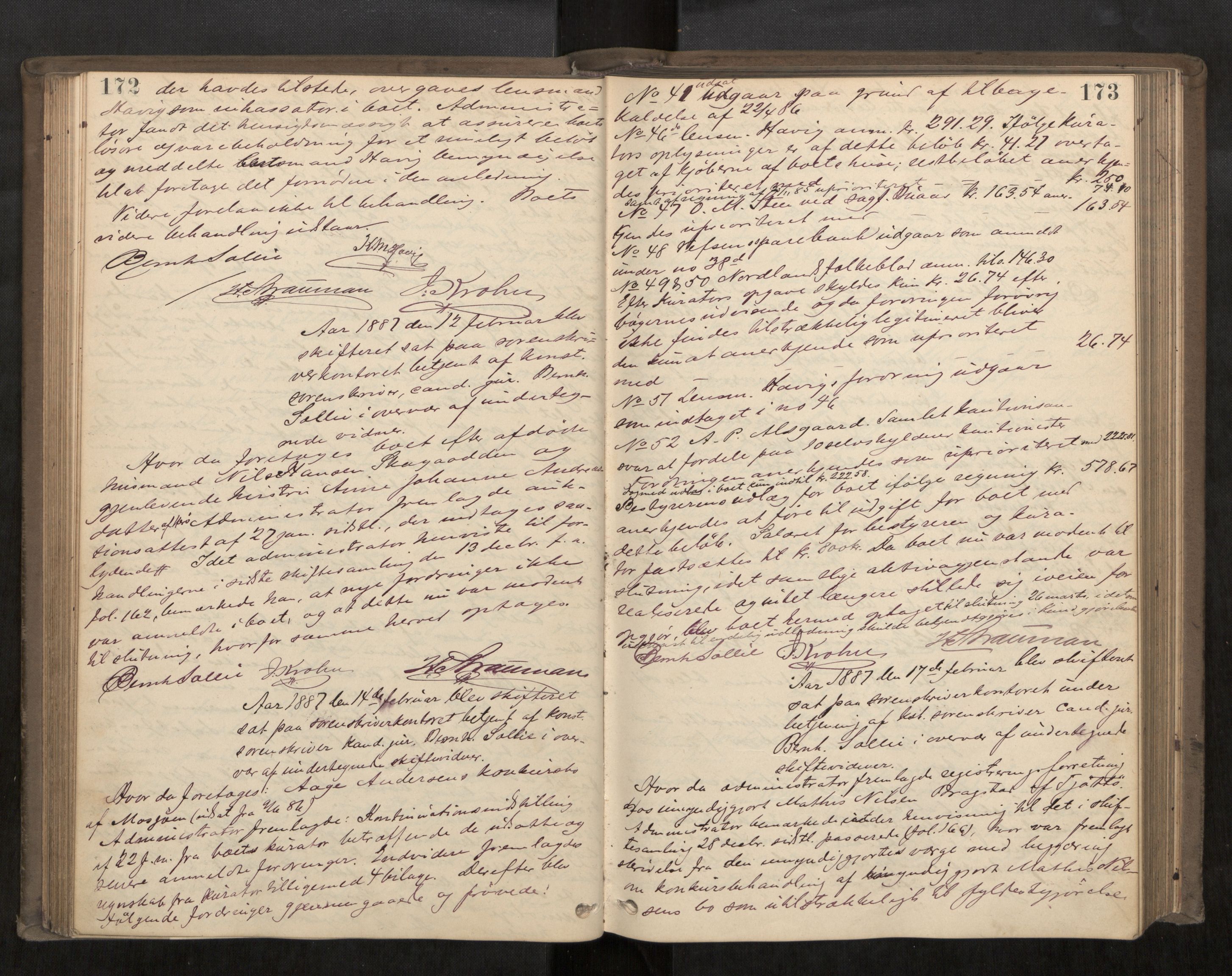 Søndre Helgeland sorenskriveri, AV/SAT-A-4575/1/3/3B/L0003: Skiftebehandlingsprotokoll, 1885-1889, p. 172-173