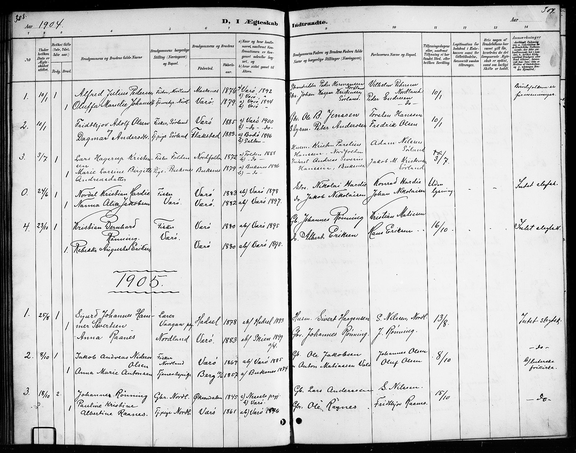 Ministerialprotokoller, klokkerbøker og fødselsregistre - Nordland, AV/SAT-A-1459/807/L0123: Parish register (copy) no. 807C01, 1884-1910, p. 308-309