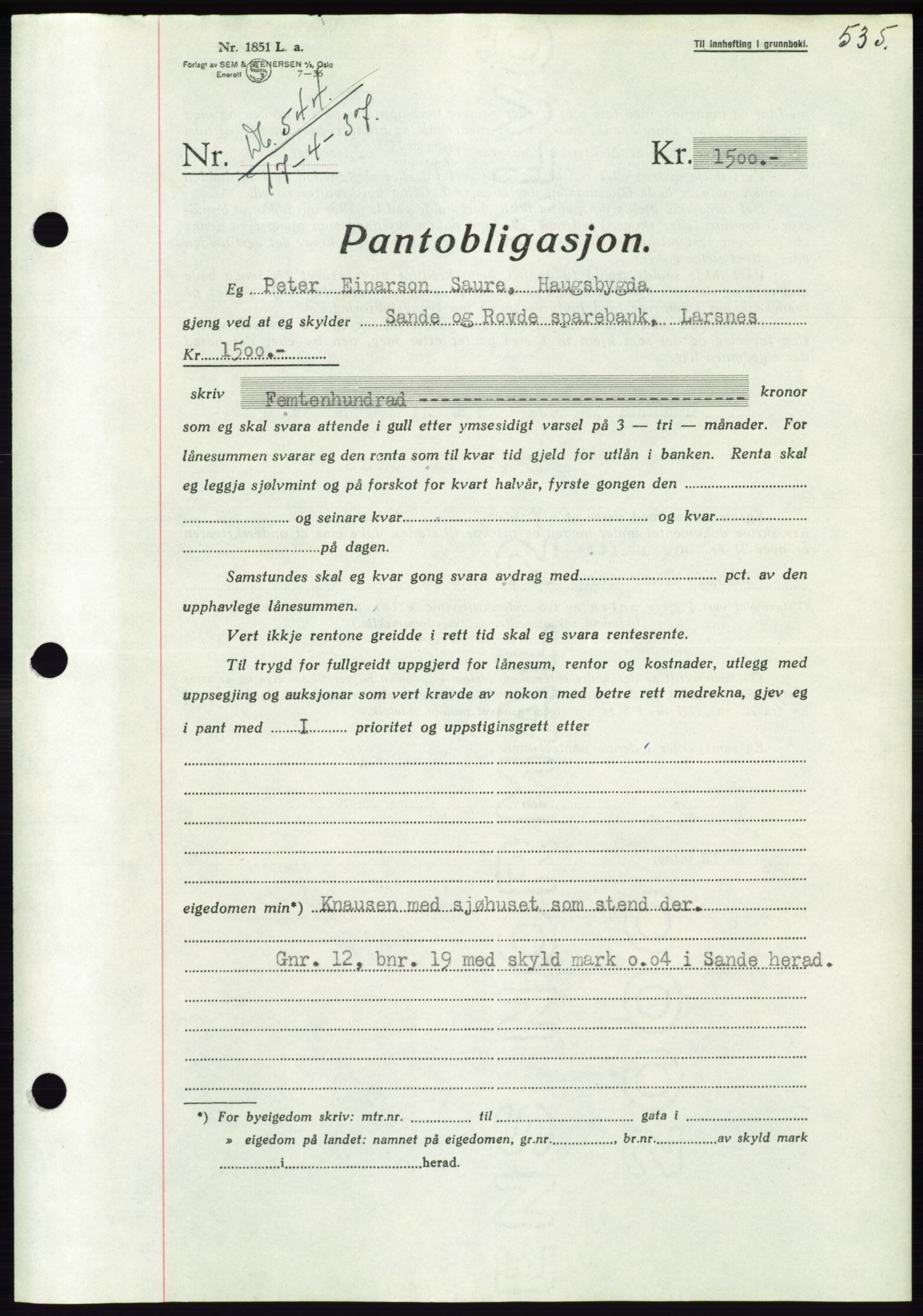 Søre Sunnmøre sorenskriveri, AV/SAT-A-4122/1/2/2C/L0067: Mortgage book no. 61, 1938-1939, Diary no: : 544/1939