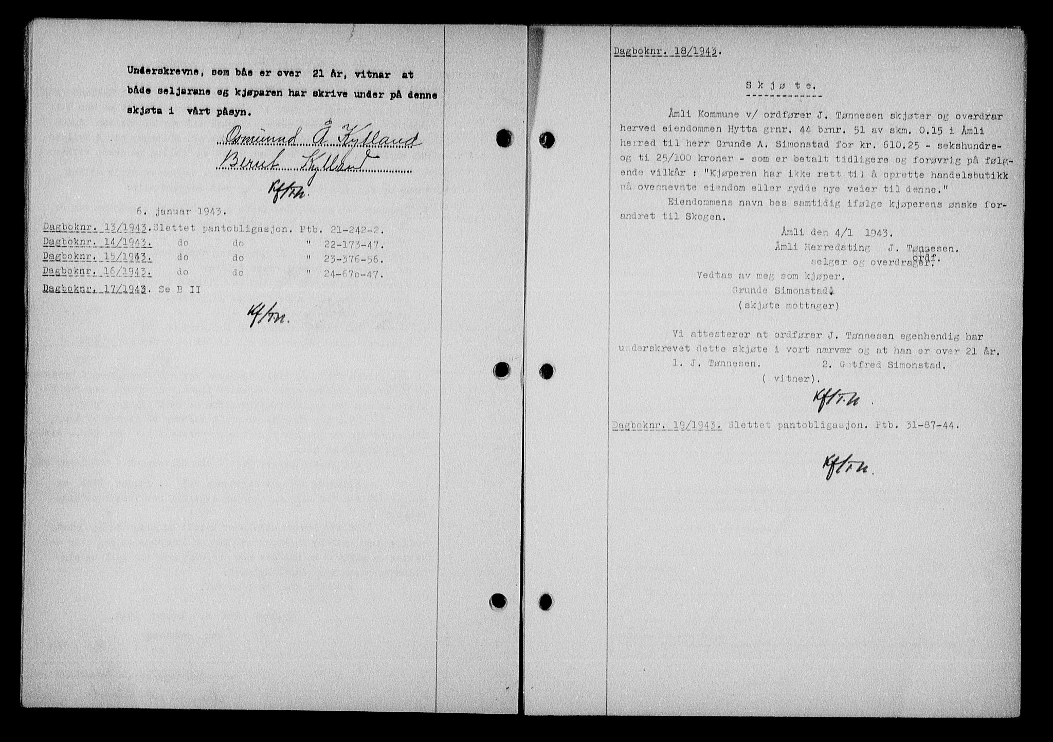 Nedenes sorenskriveri, SAK/1221-0006/G/Gb/Gba/L0050: Mortgage book no. A-IV, 1942-1943, Diary no: : 18/1943