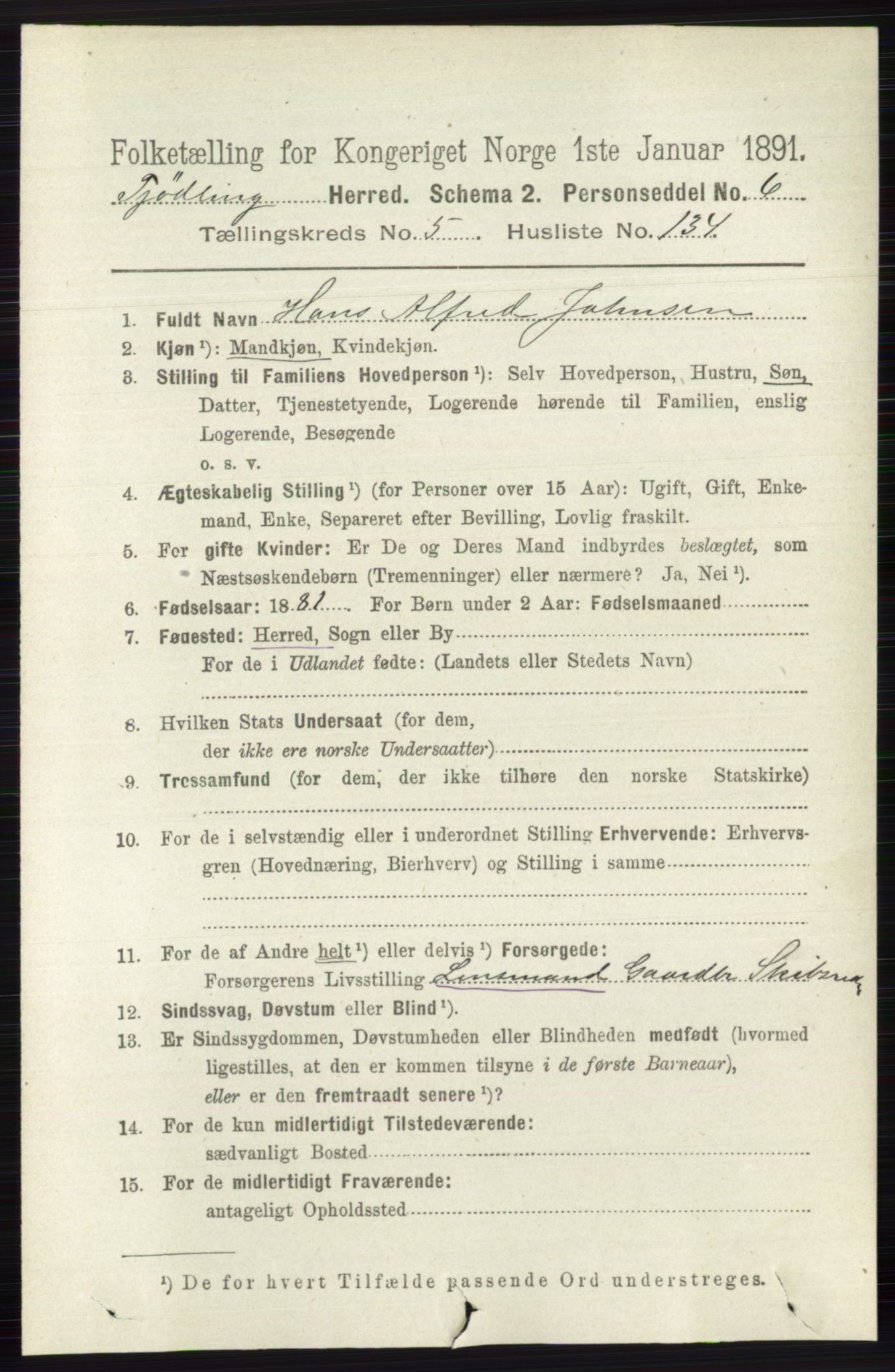 RA, 1891 census for 0725 Tjølling, 1891, p. 2793