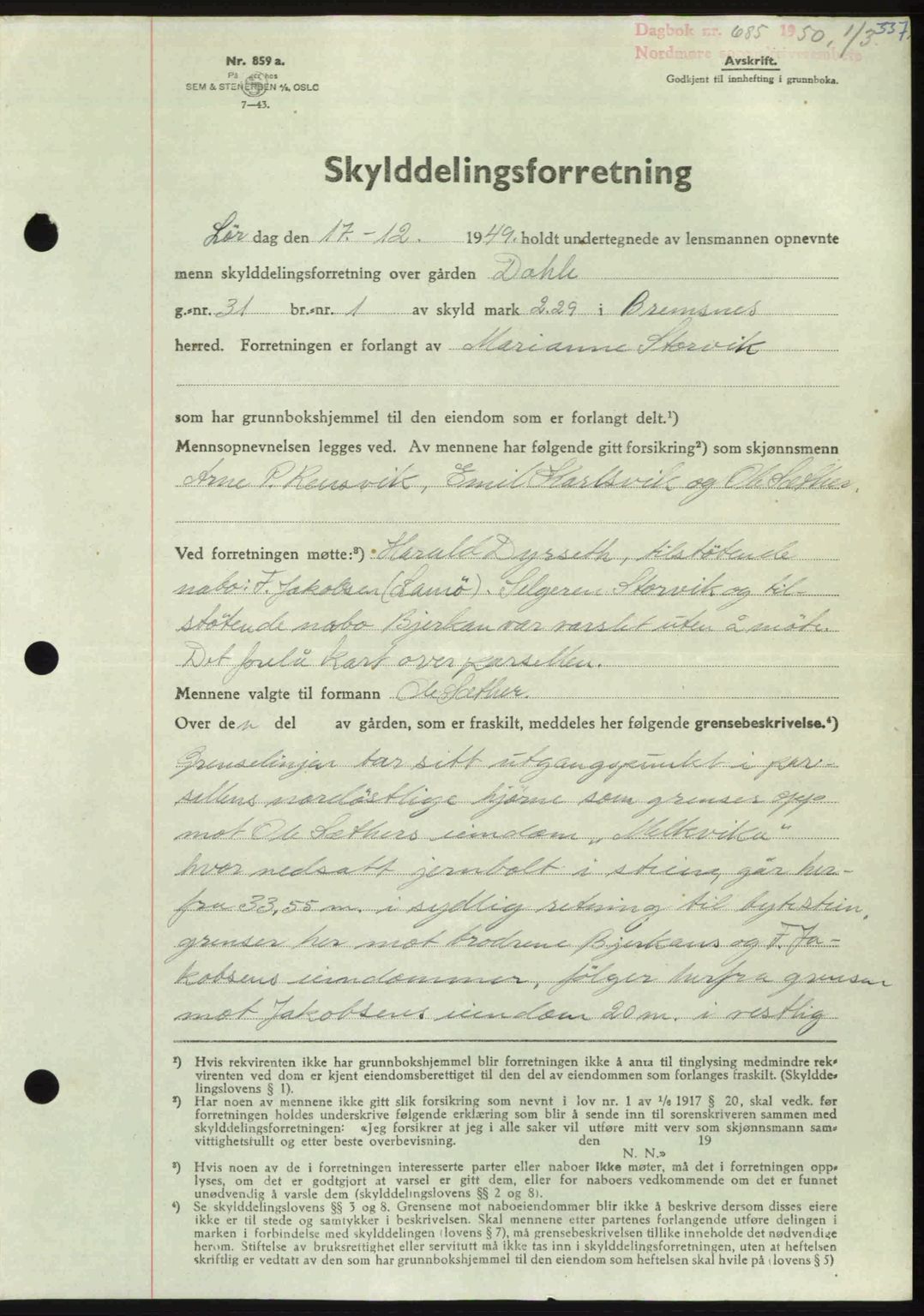 Nordmøre sorenskriveri, AV/SAT-A-4132/1/2/2Ca: Mortgage book no. A114, 1950-1950, Diary no: : 685/1950