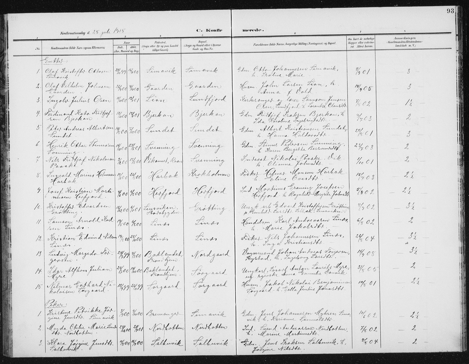 Ministerialprotokoller, klokkerbøker og fødselsregistre - Sør-Trøndelag, SAT/A-1456/656/L0699: Parish register (copy) no. 656C05, 1905-1920, p. 93