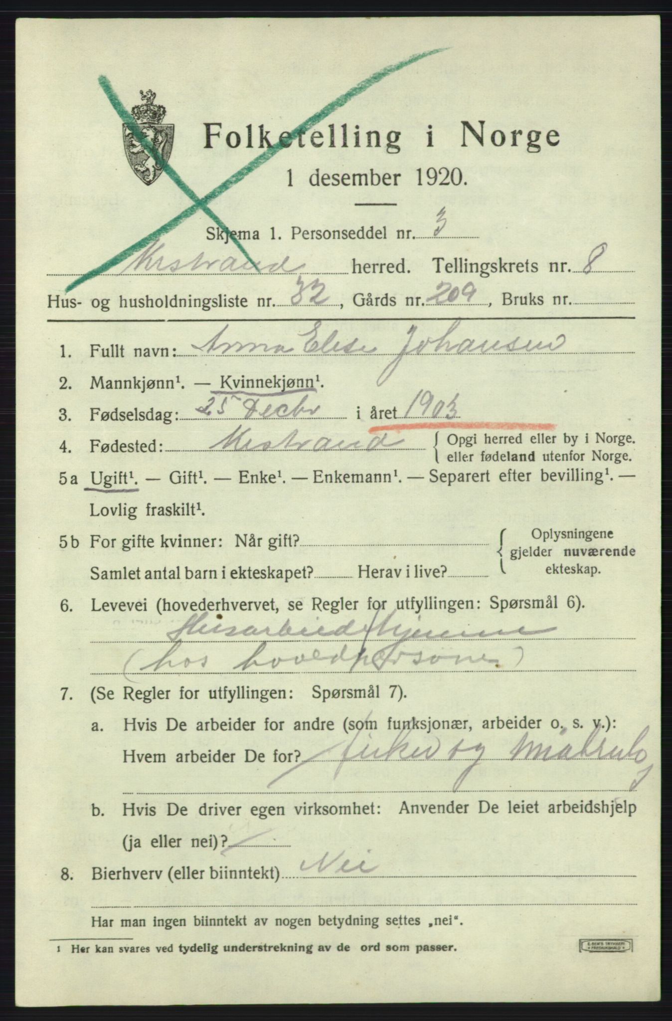 SATØ, 1920 census for Kistrand, 1920, p. 5110