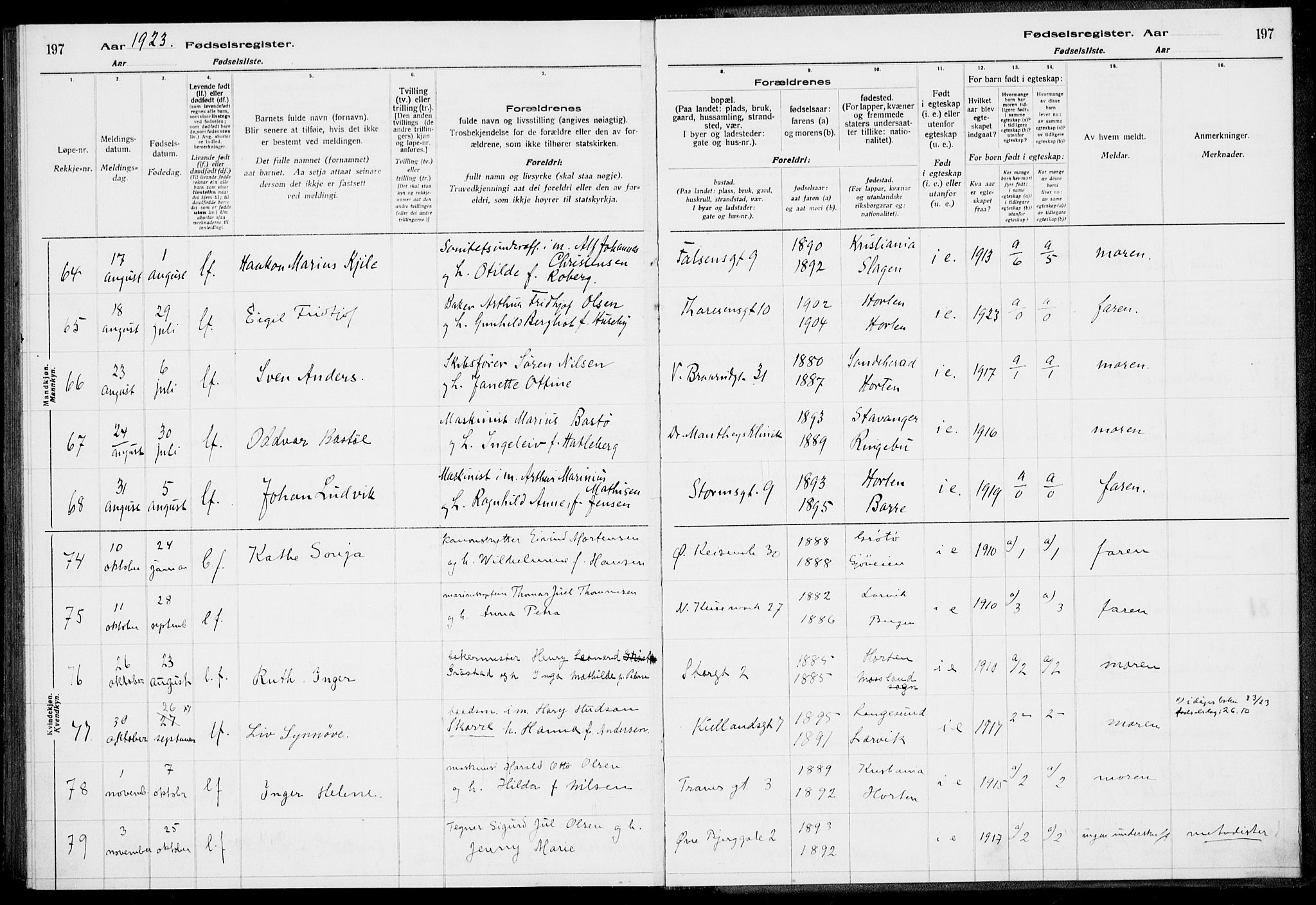 Horten kirkebøker, AV/SAKO-A-348/J/Ja/L0001: Birth register no. 1, 1916-1923, p. 197