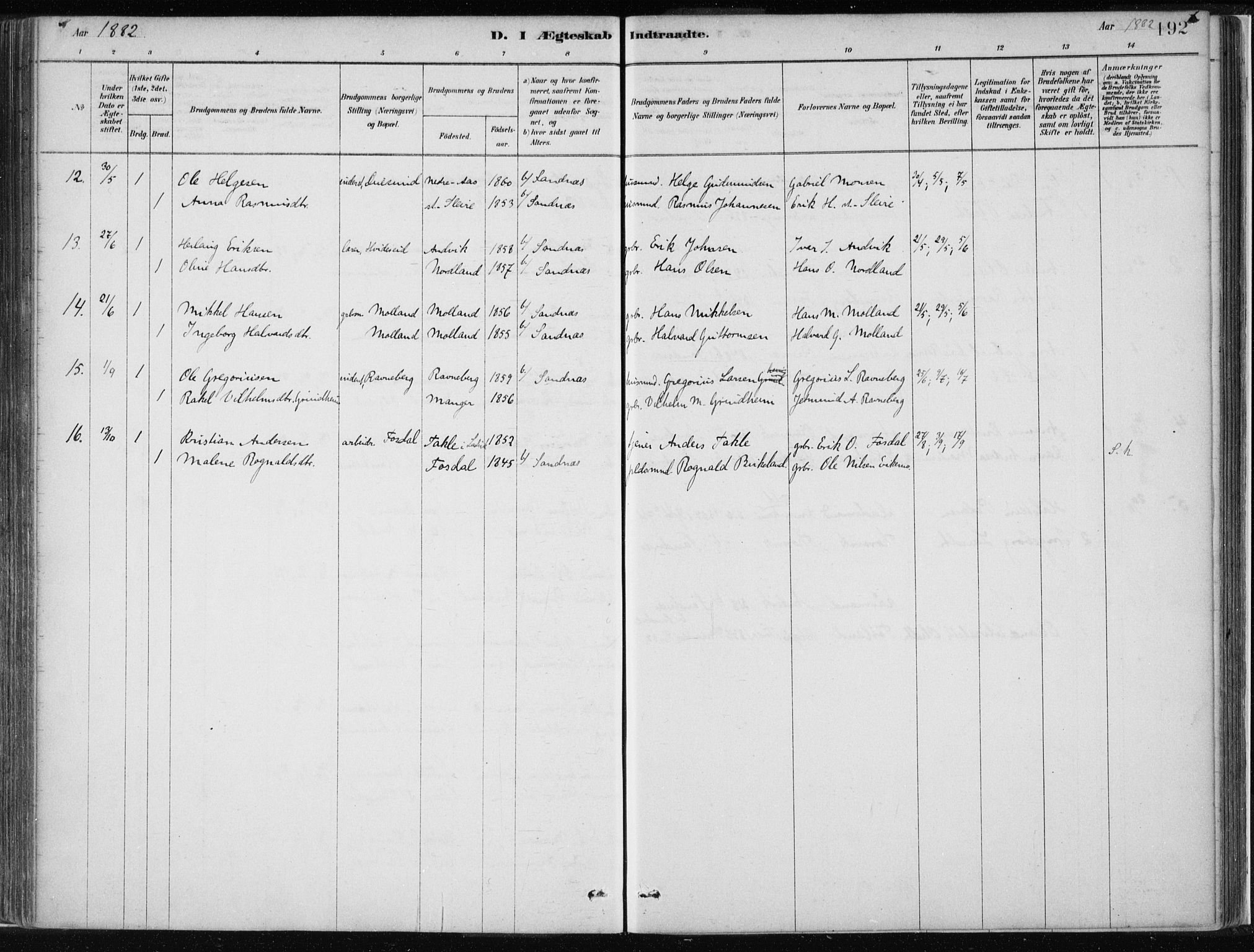 Masfjorden Sokneprestembete, AV/SAB-A-77001: Parish register (official) no. B  1, 1876-1899, p. 192