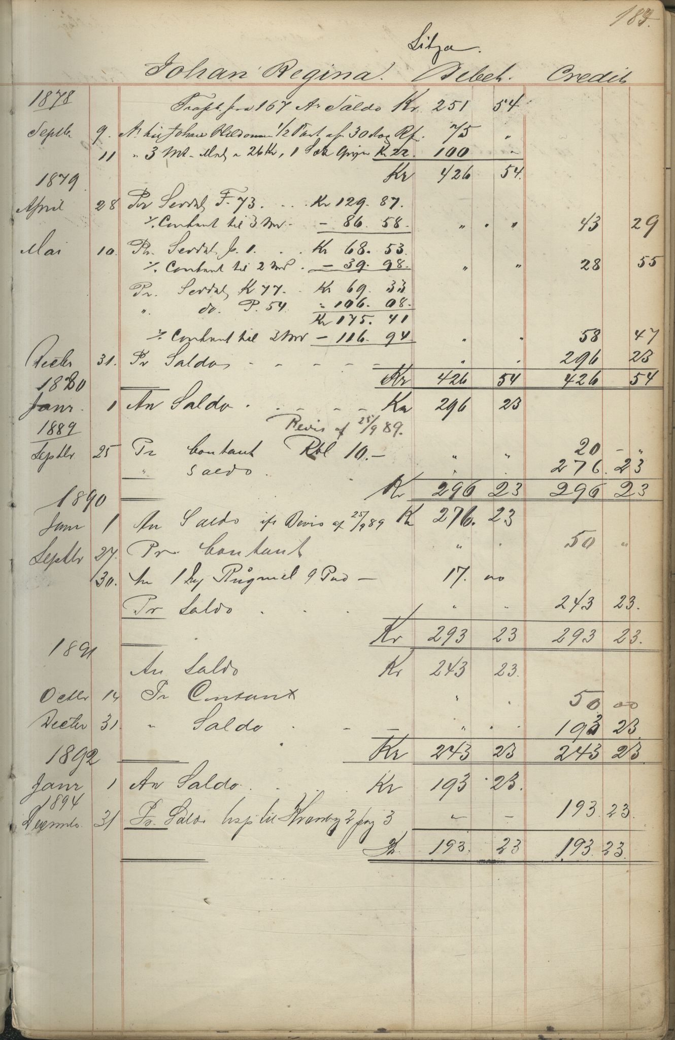 Brodtkorb handel A/S, VAMU/A-0001/F/Fc/L0001/0001: Konto for kvener og nordmenn på Kolahalvøya  / Conto for Kvæner og Nordmænd paa Russefinmarken No 1, 1868-1894, p. 184