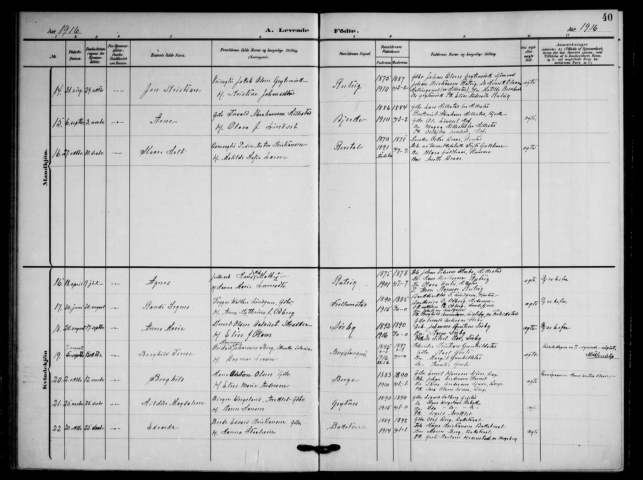 Våle kirkebøker, AV/SAKO-A-334/F/Fa/L0012: Parish register (official) no. I 12, 1907-1934, p. 40