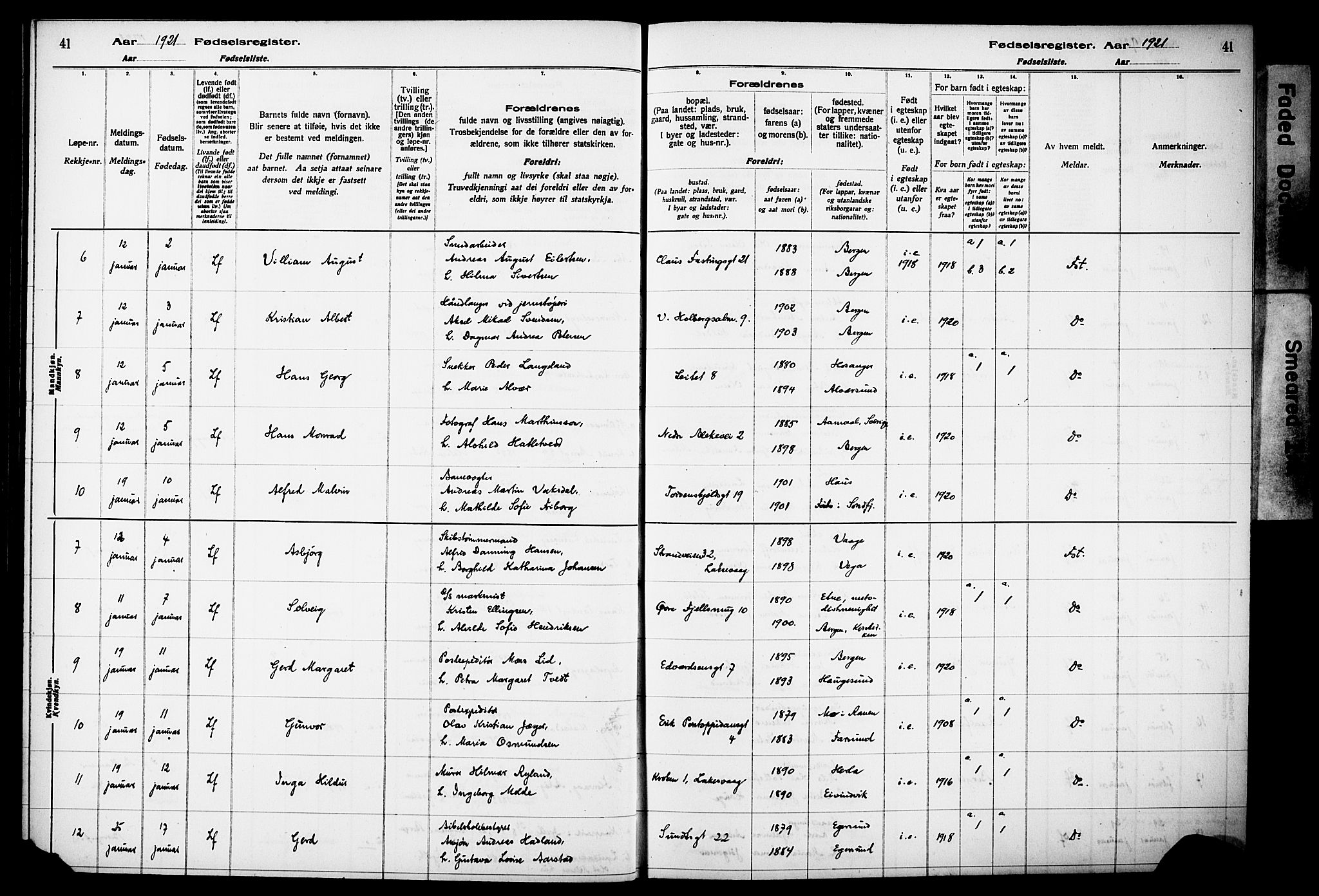 Kvinneklinikken, AV/SAB-A-76301/F/L0A02: Birth register no. A 2, 1920-1924, p. 41