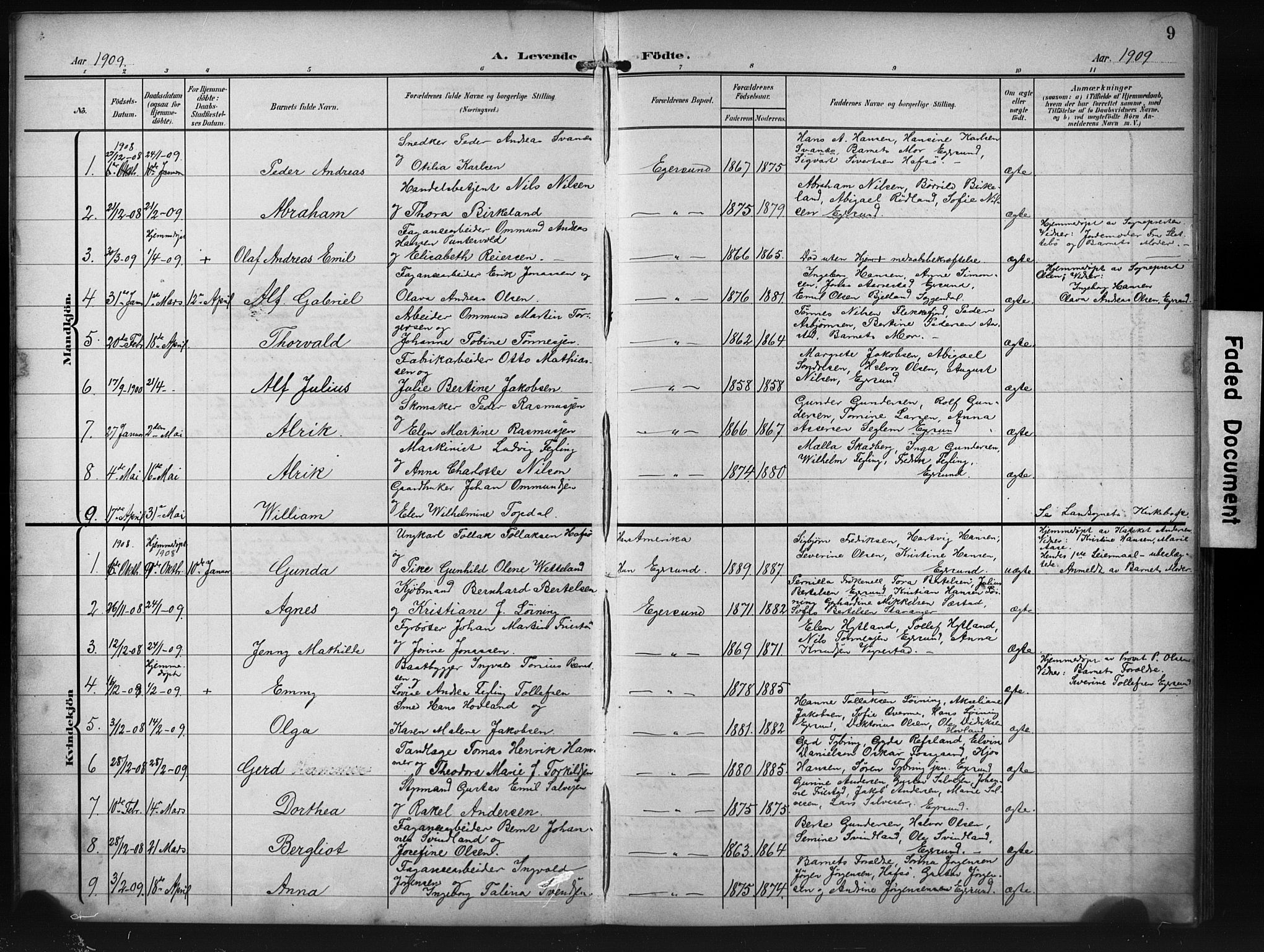 Eigersund sokneprestkontor, SAST/A-101807/S09/L0012: Parish register (copy) no. B 12, 1908-1930, p. 9