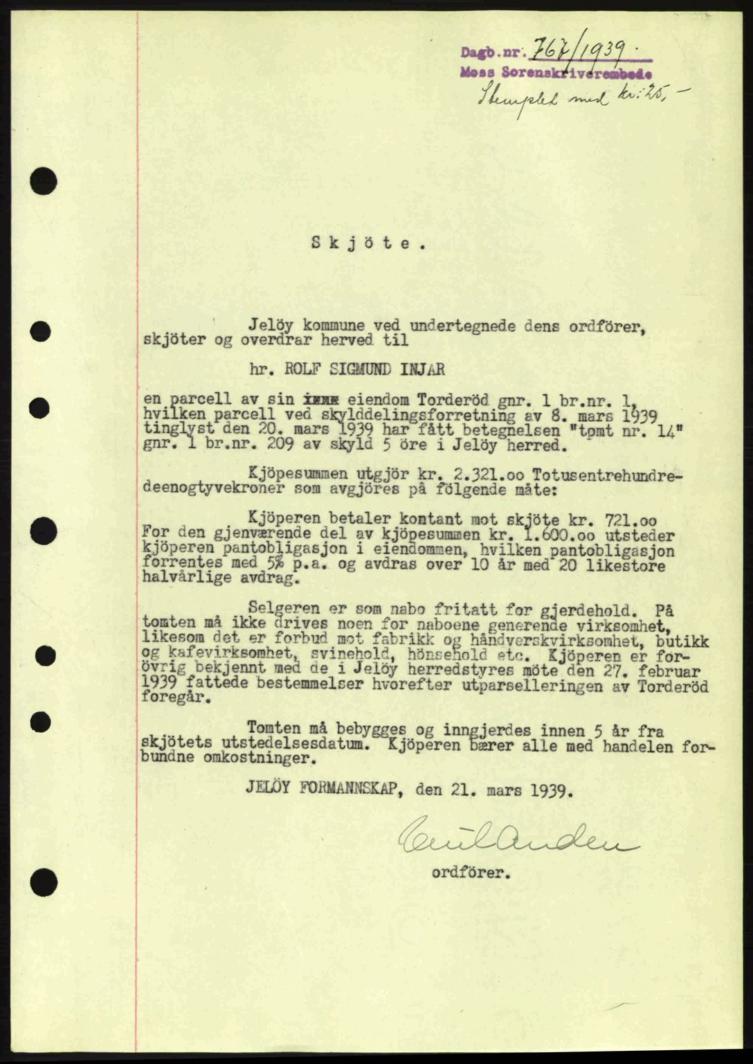 Moss sorenskriveri, SAO/A-10168: Mortgage book no. A5, 1938-1939, Diary no: : 767/1939