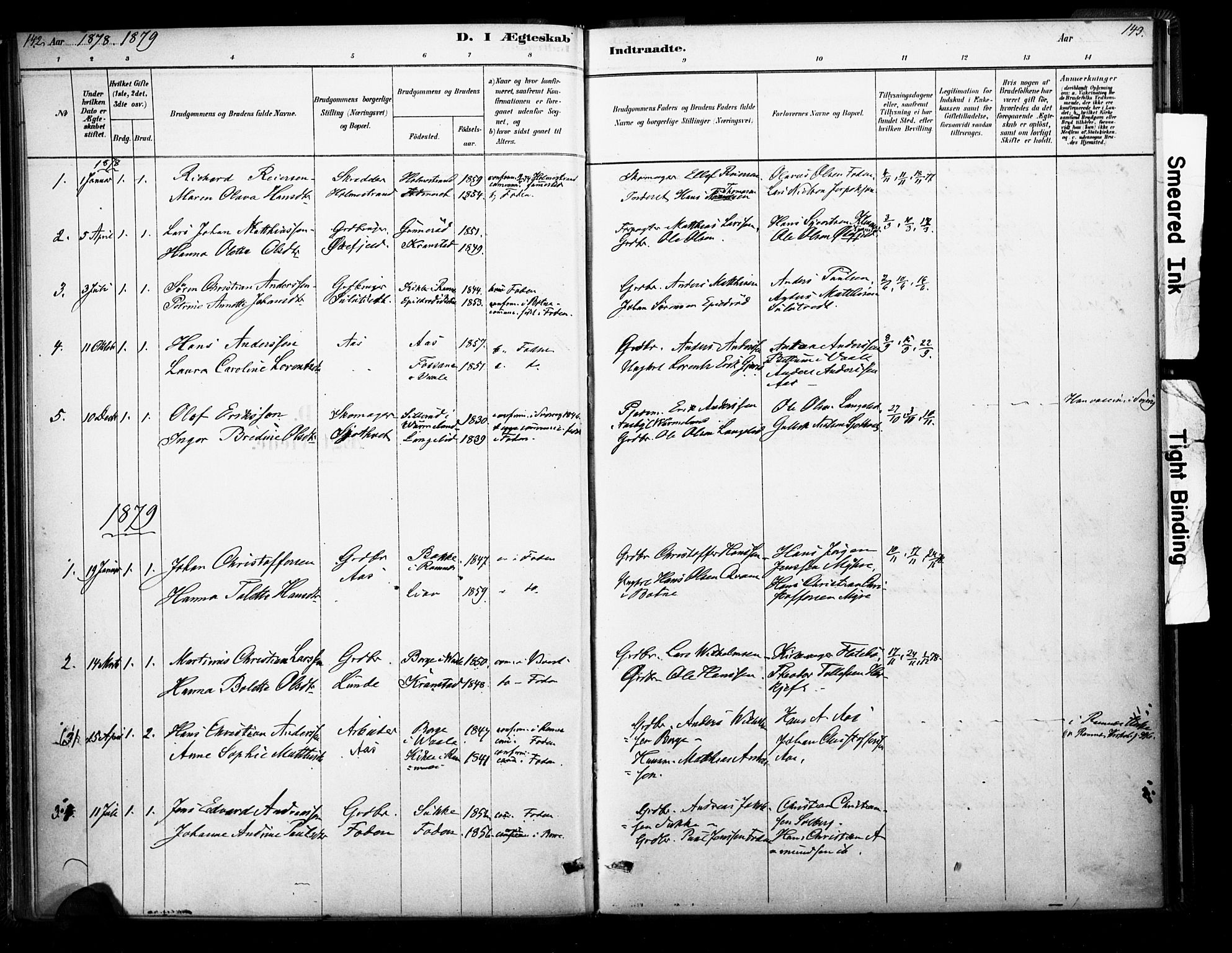 Ramnes kirkebøker, SAKO/A-314/F/Fb/L0001: Parish register (official) no. II 1, 1878-1894, p. 142-143