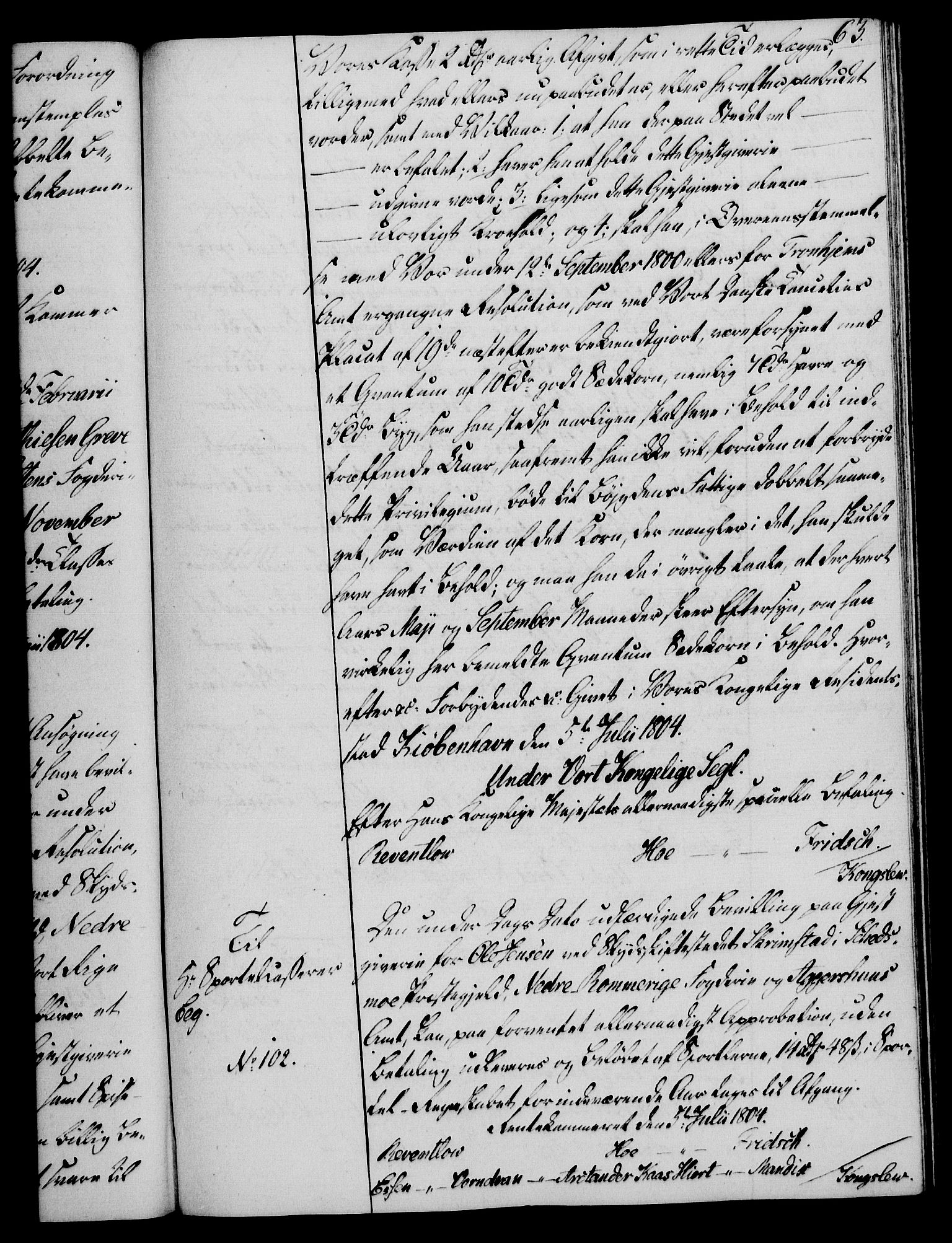 Rentekammeret, Kammerkanselliet, RA/EA-3111/G/Gg/Gga/L0018: Norsk ekspedisjonsprotokoll med register (merket RK 53.18), 1804-1806, p. 63