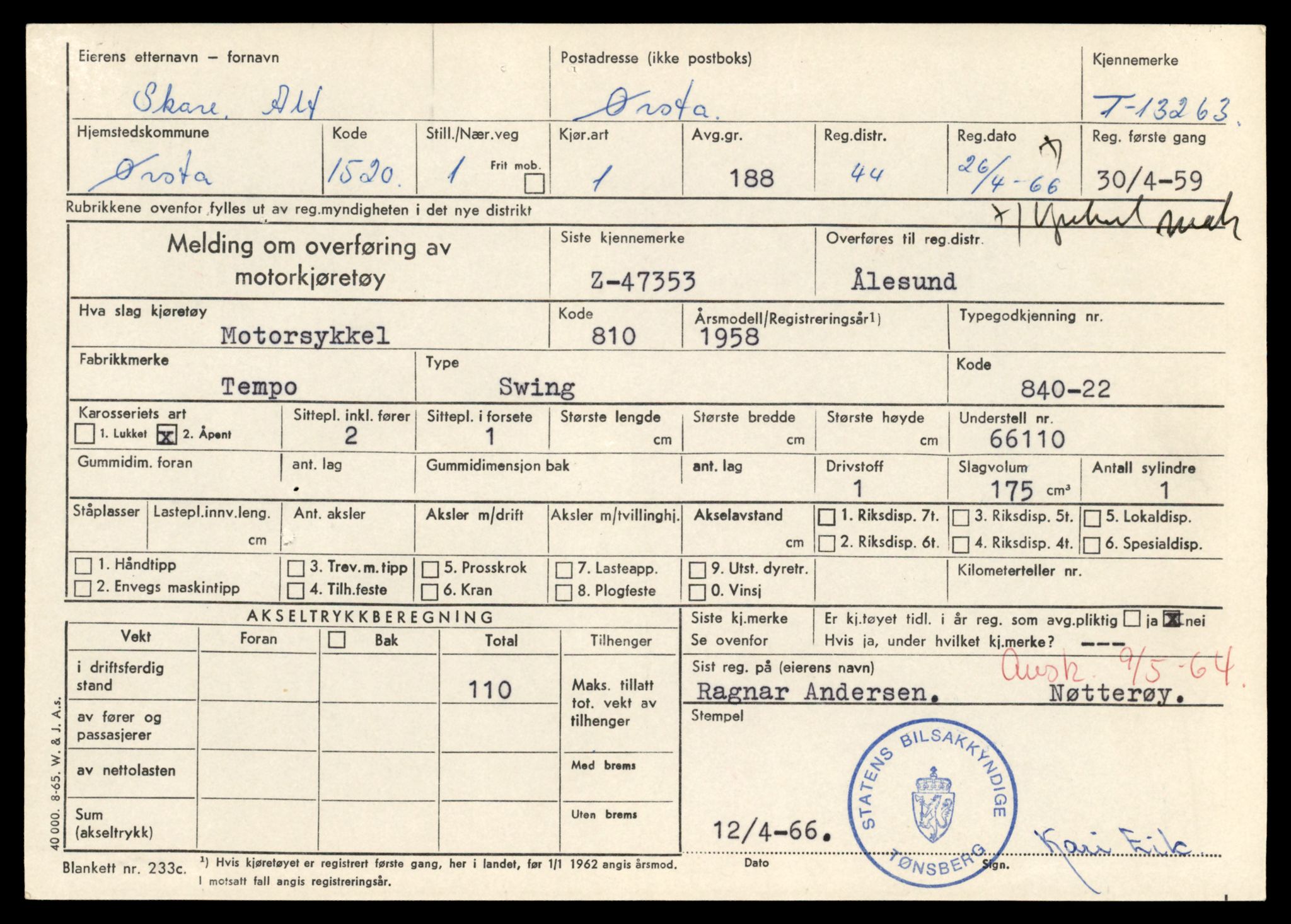 Møre og Romsdal vegkontor - Ålesund trafikkstasjon, SAT/A-4099/F/Fe/L0038: Registreringskort for kjøretøy T 13180 - T 13360, 1927-1998, p. 1403