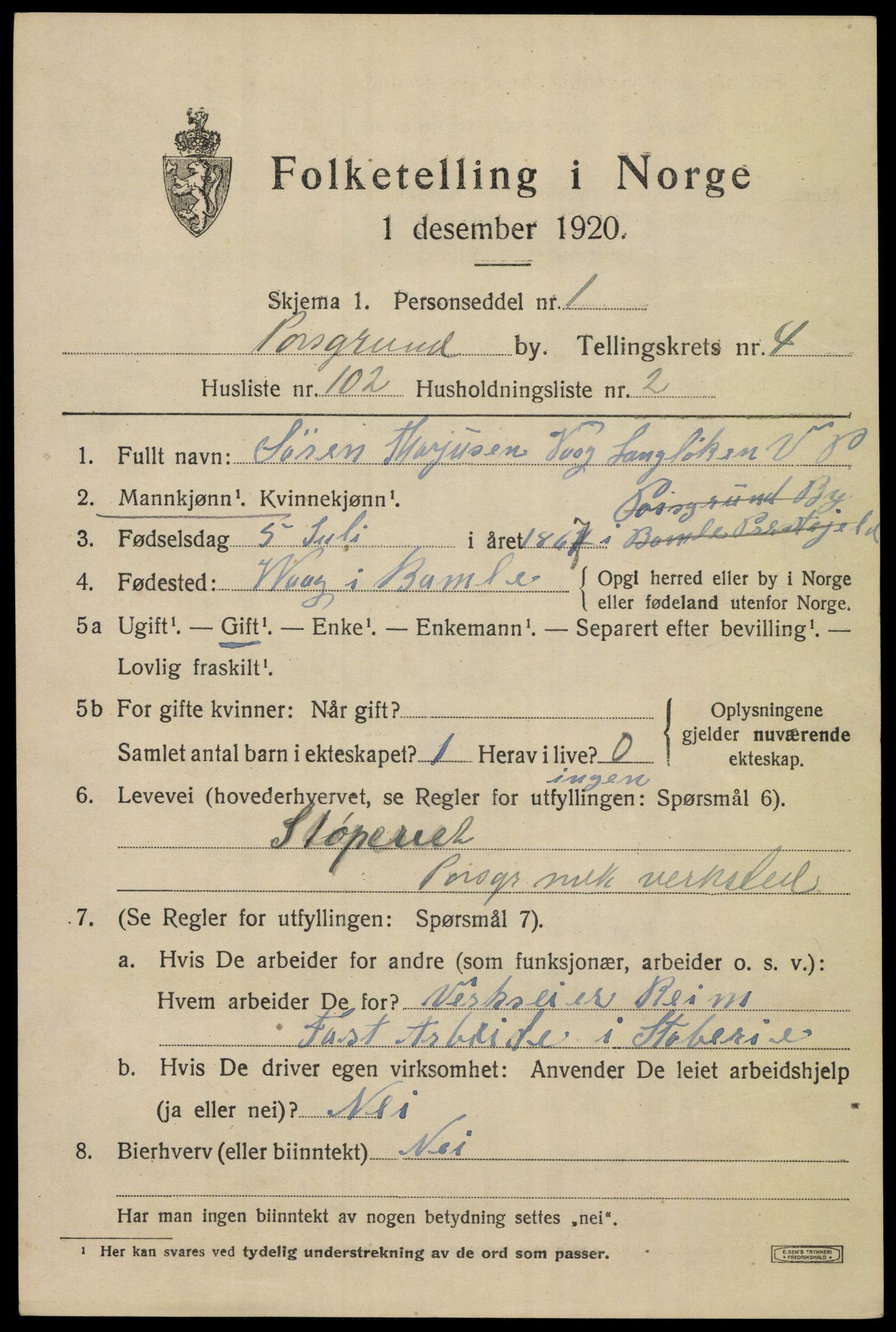 SAKO, 1920 census for Porsgrunn, 1920, p. 19887