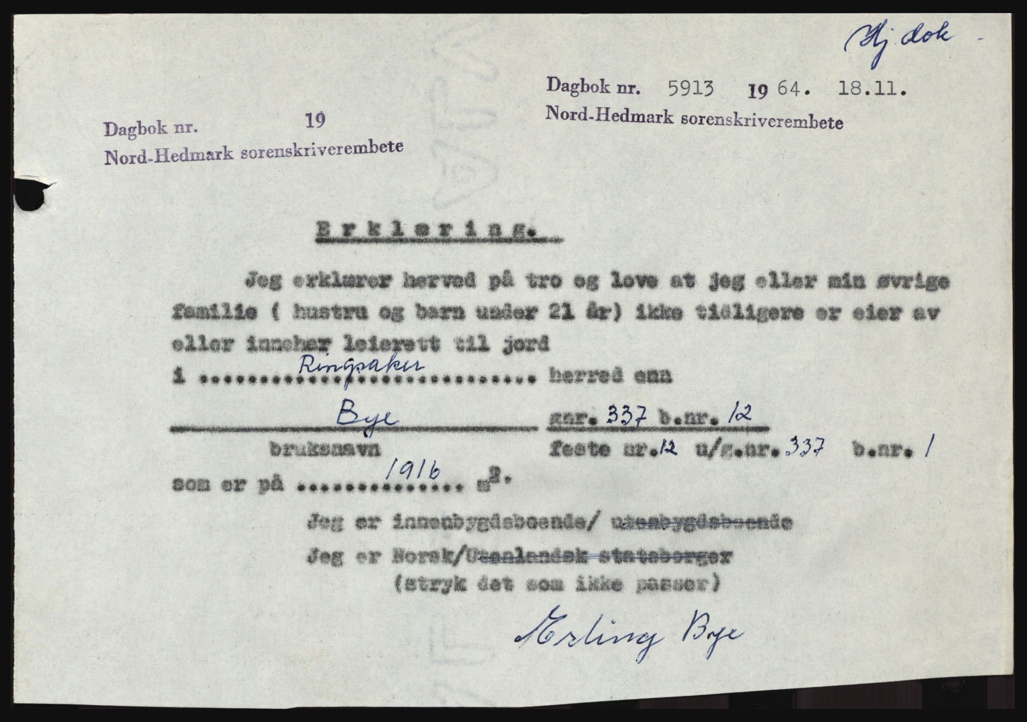 Nord-Hedmark sorenskriveri, SAH/TING-012/H/Hc/L0020: Mortgage book no. 20, 1964-1964, Diary no: : 5913/1964