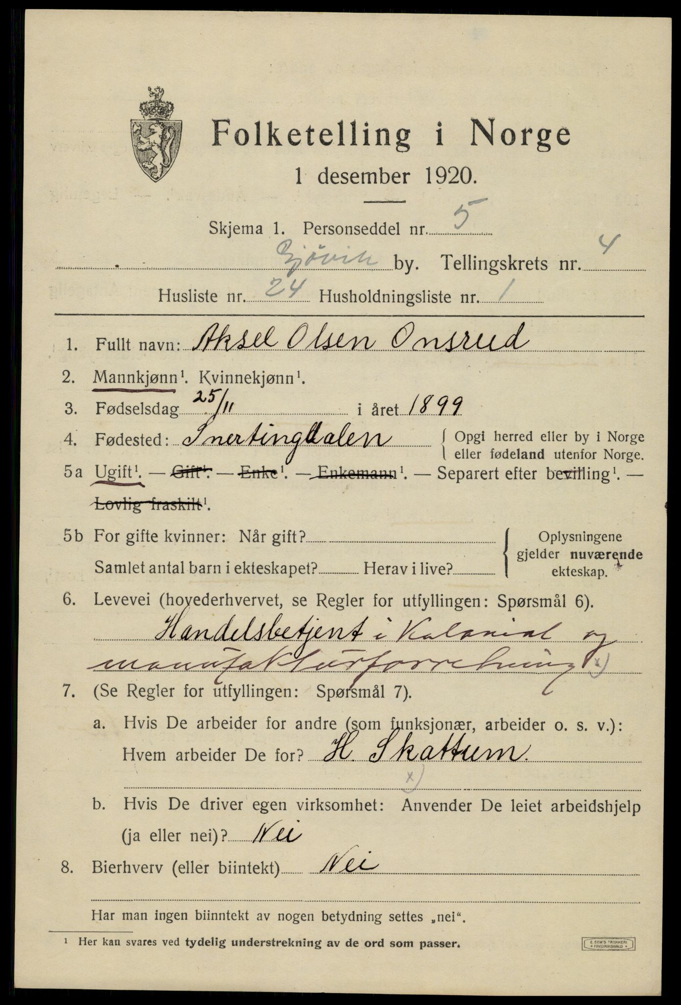 SAH, 1920 census for Gjøvik, 1920, p. 8788