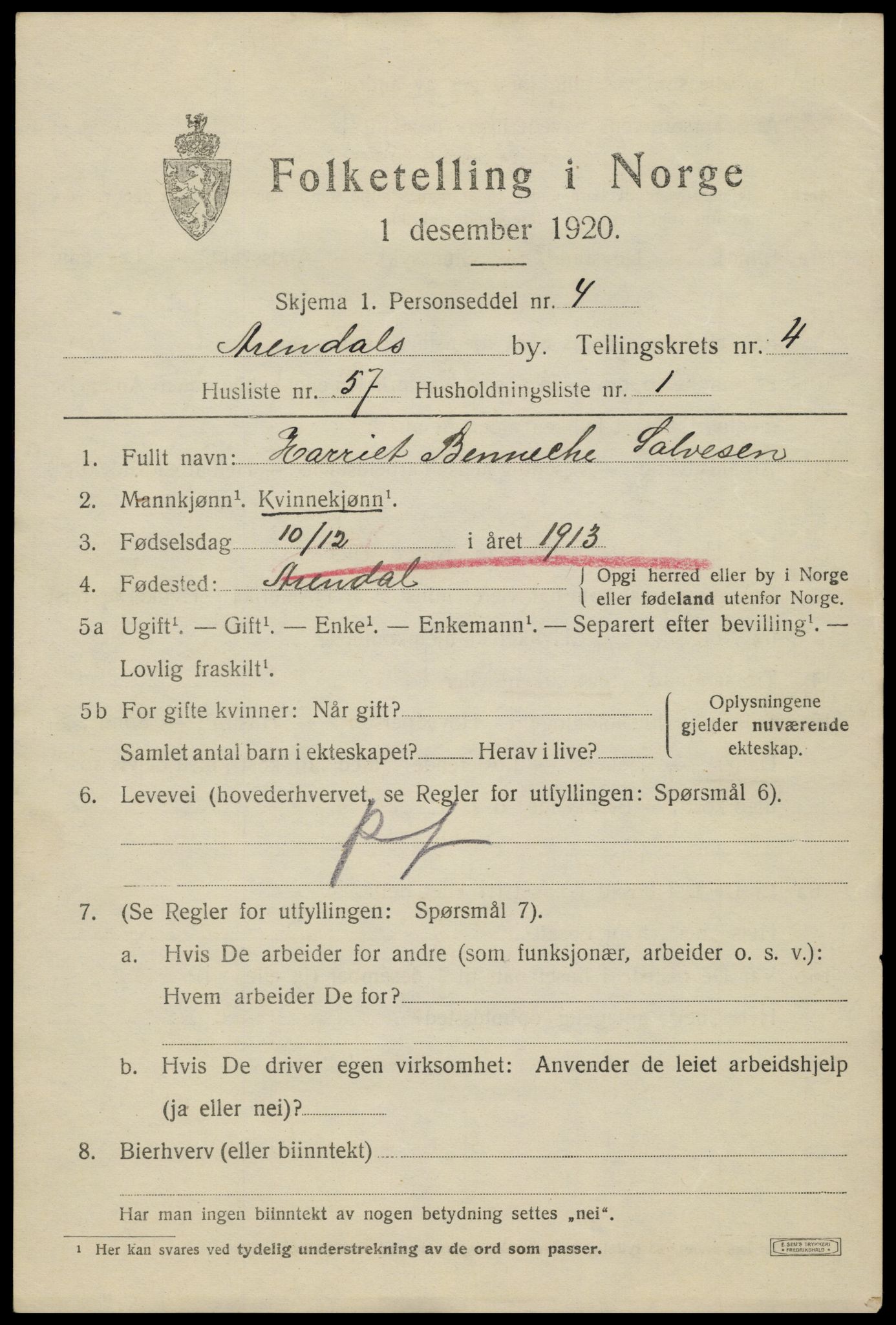 SAK, 1920 census for Arendal, 1920, p. 12440