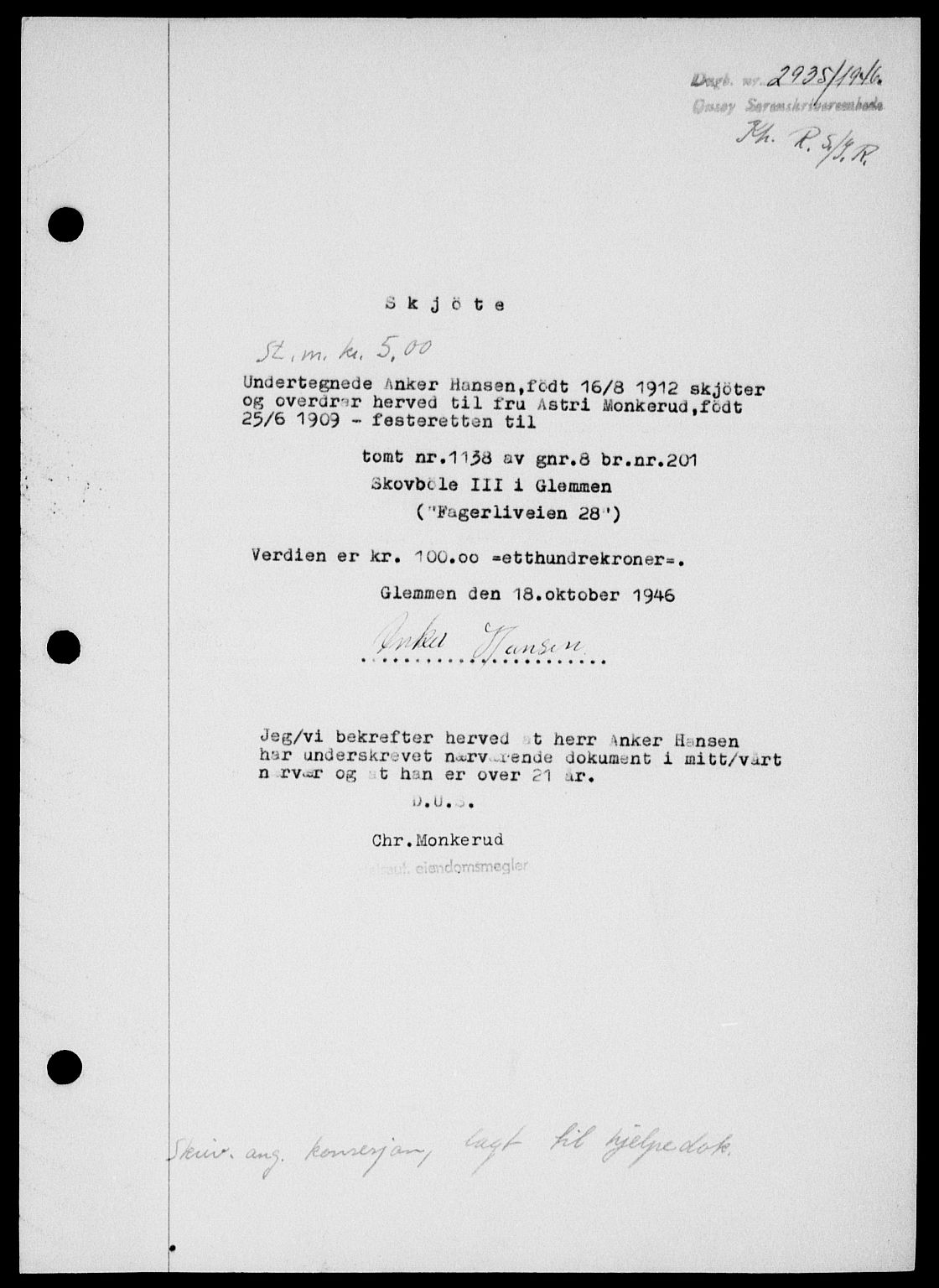 Onsøy sorenskriveri, SAO/A-10474/G/Ga/Gab/L0018: Mortgage book no. II A-18, 1946-1947, Diary no: : 2935/1946