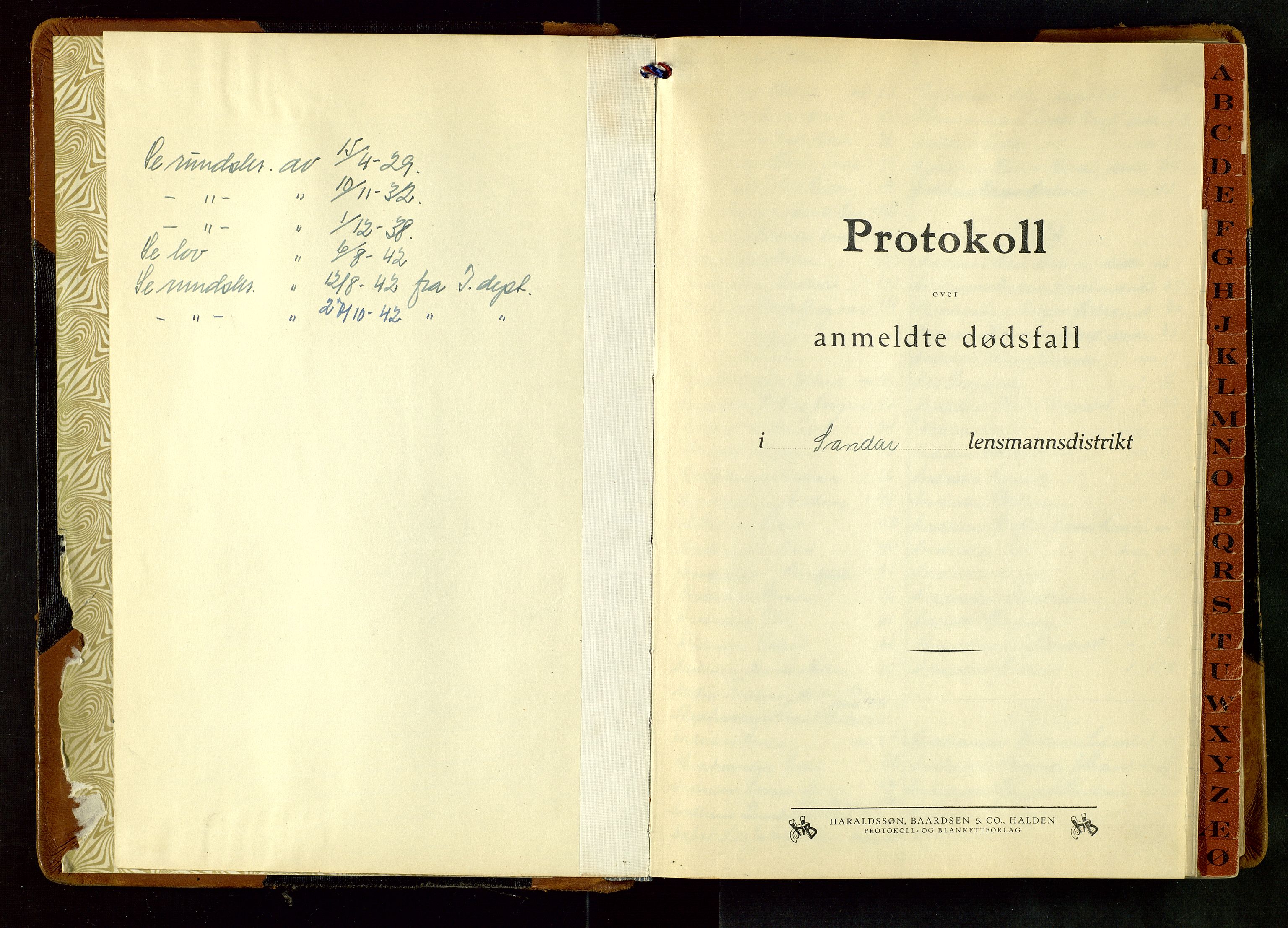 Sandar lensmannskontor, SAKO/A-545/H/Ha/L0009: Dødsanmeldelsesprotokoll, 1940-1944