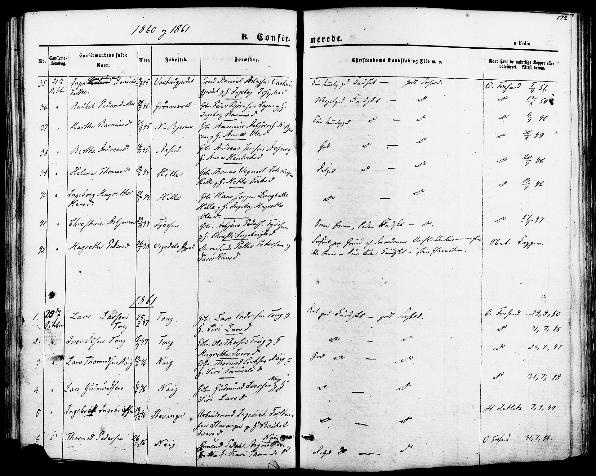 Strand sokneprestkontor, SAST/A-101828/H/Ha/Haa/L0007: Parish register (official) no. A 7, 1855-1881, p. 172