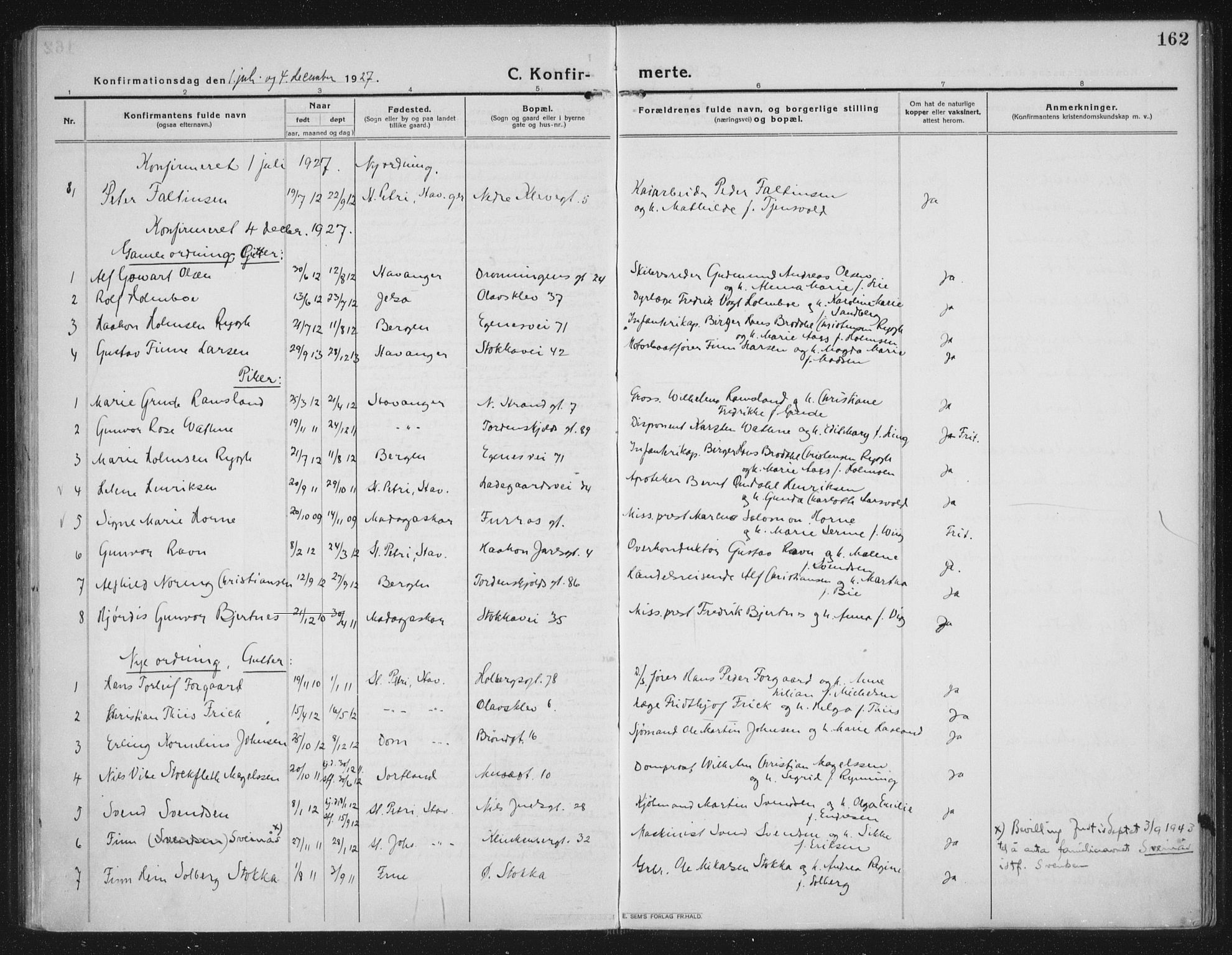 Domkirken sokneprestkontor, AV/SAST-A-101812/002/A/L0019: Parish register (official) no. A 35, 1916-1932, p. 162