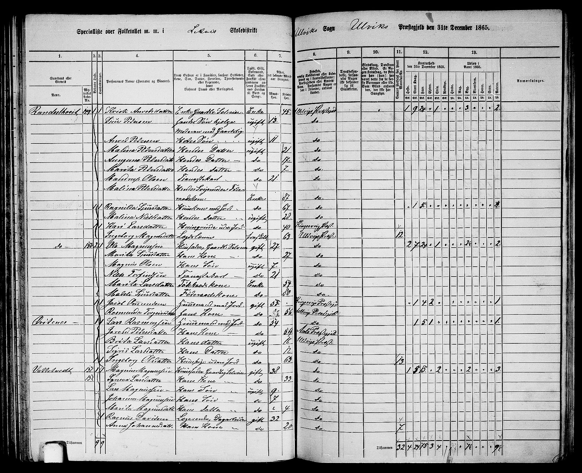 RA, 1865 census for Ulvik, 1865, p. 65