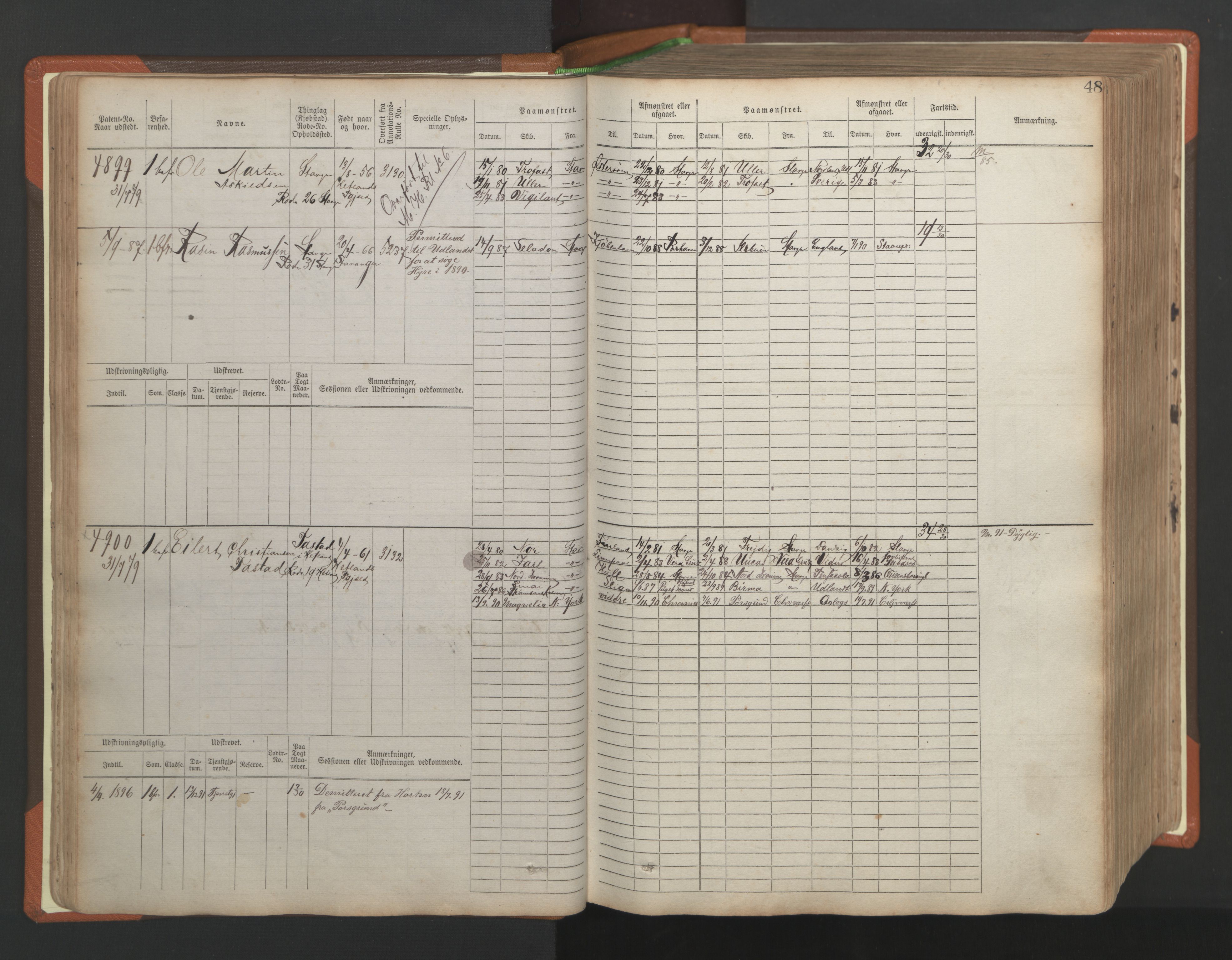 Stavanger sjømannskontor, AV/SAST-A-102006/F/Fb/Fbb/L0009: Sjøfartshovedrulle, patentnr. 4805-6006, 1879-1887, p. 52