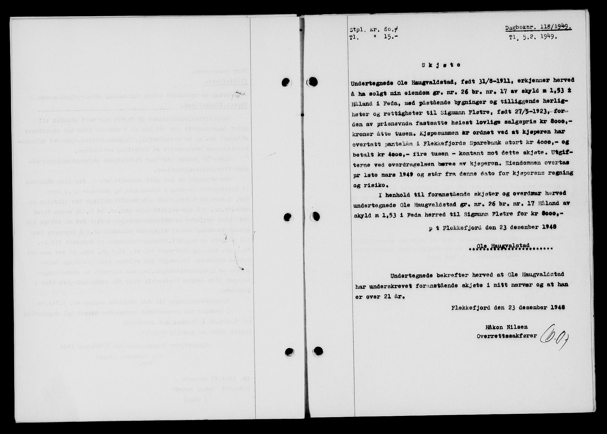 Flekkefjord sorenskriveri, SAK/1221-0001/G/Gb/Gba/L0064: Mortgage book no. A-12, 1948-1949, Diary no: : 118/1949