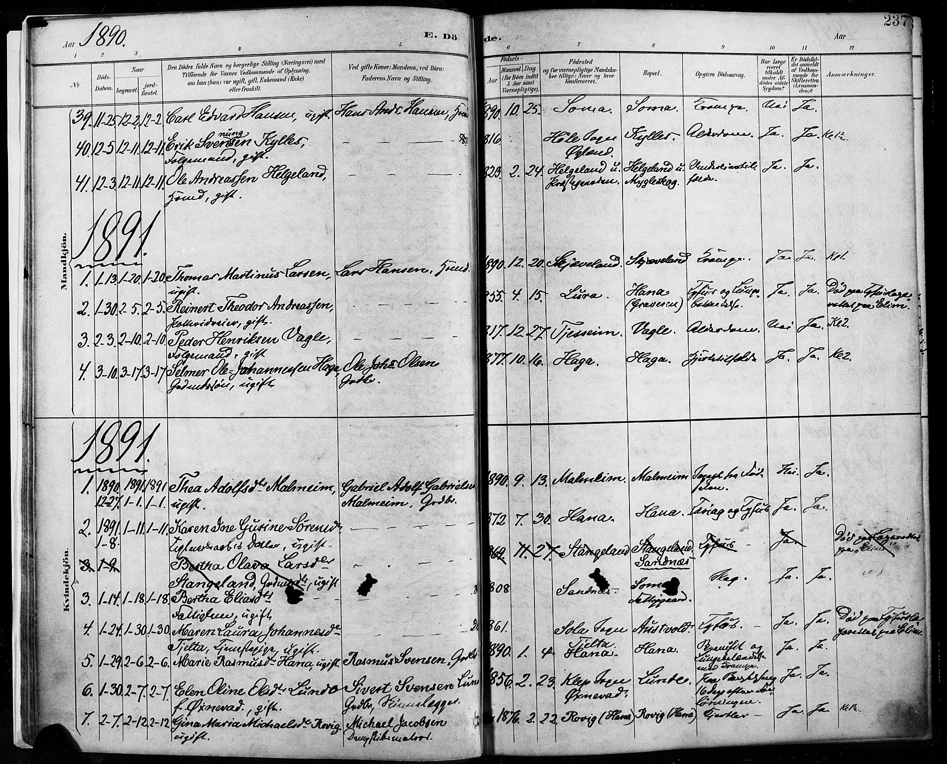 Høyland sokneprestkontor, AV/SAST-A-101799/001/30BA/L0013: Parish register (official) no. A 13.2, 1889-1898, p. 237