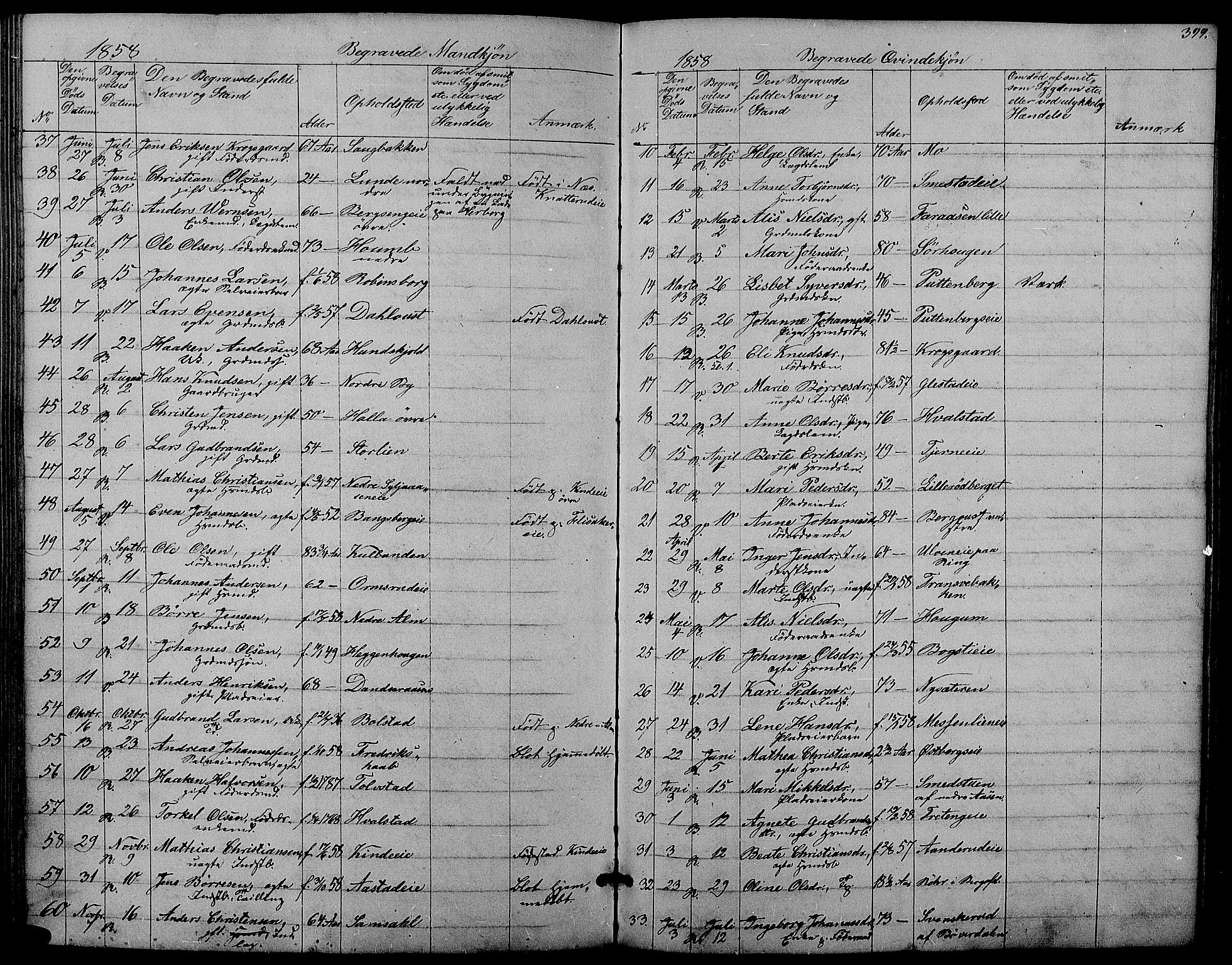 Ringsaker prestekontor, AV/SAH-PREST-014/L/La/L0006: Parish register (copy) no. 6, 1851-1860, p. 399