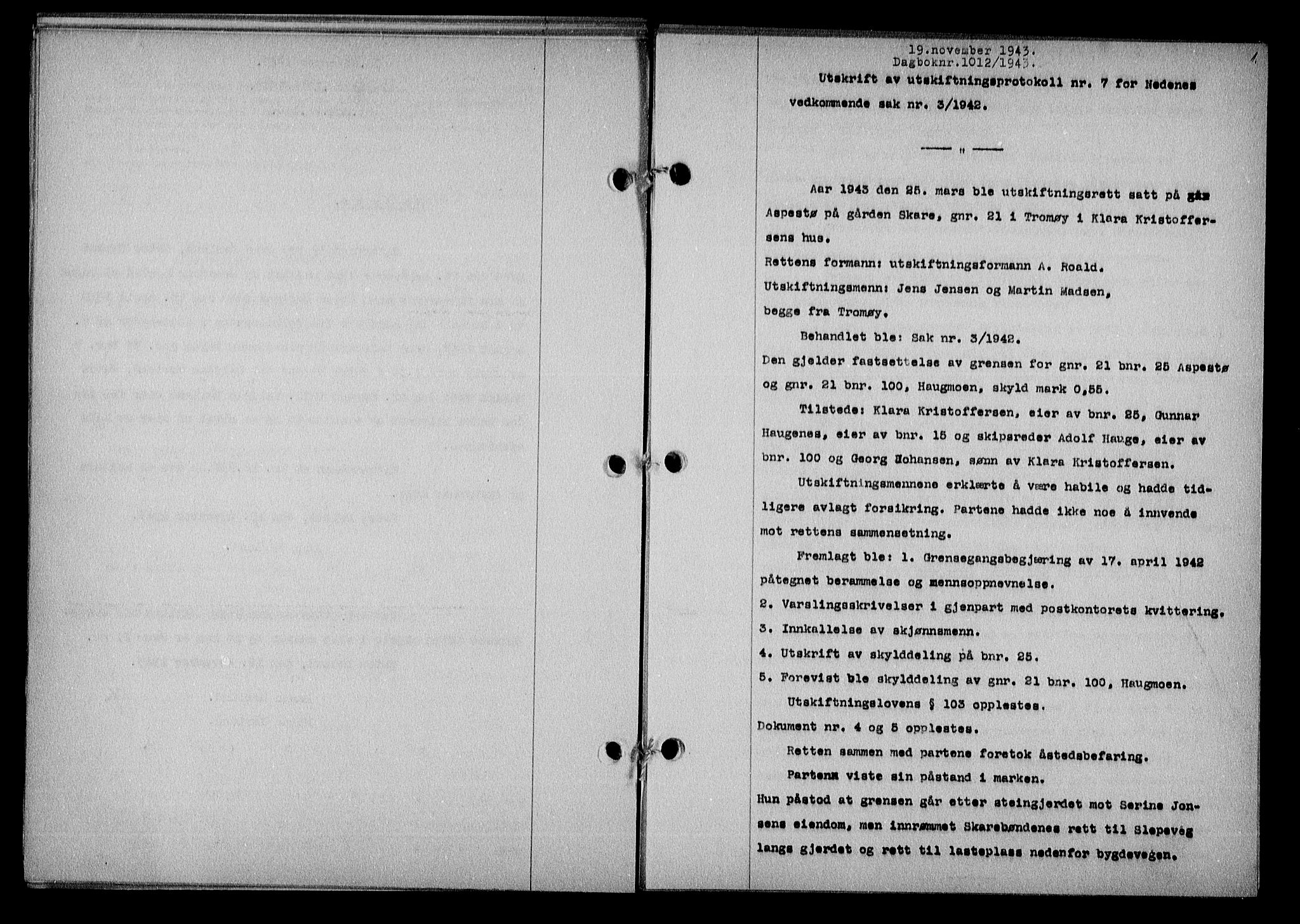Nedenes sorenskriveri, SAK/1221-0006/G/Gb/Gba/L0051: Mortgage book no. A-V, 1943-1944, Diary no: : 1012/1943