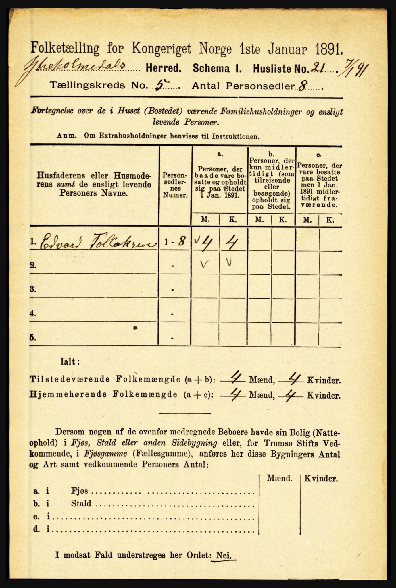 RA, 1891 census for 1429 Ytre Holmedal, 1891, p. 1139