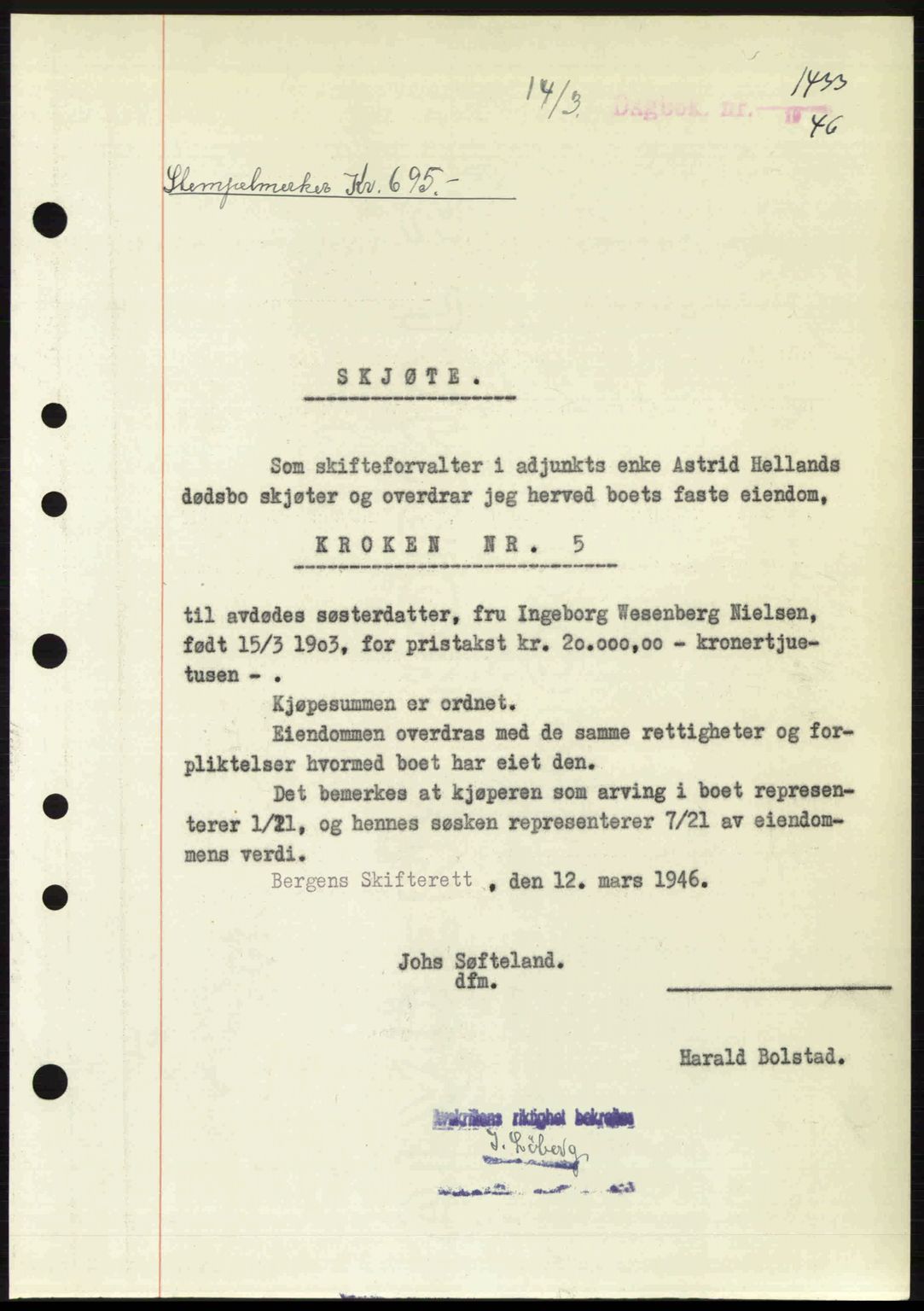 Byfogd og Byskriver i Bergen, SAB/A-3401/03/03Bc/L0022: Mortgage book no. A18, 1946-1946, Diary no: : 1433/1946