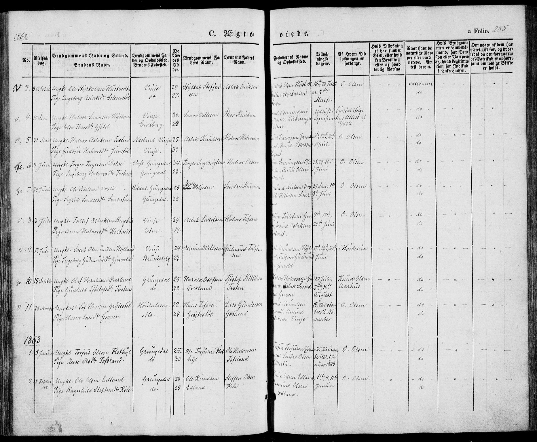 Vinje kirkebøker, SAKO/A-312/F/Fa/L0004: Parish register (official) no. I 4, 1843-1869, p. 285