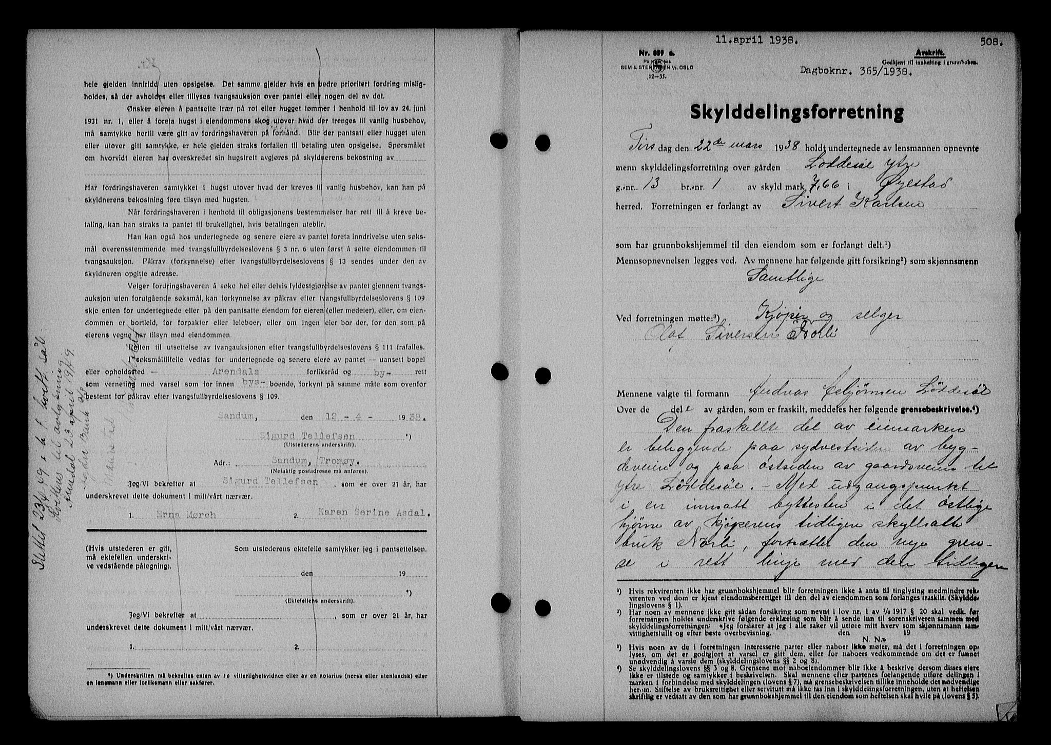 Nedenes sorenskriveri, SAK/1221-0006/G/Gb/Gba/L0044: Mortgage book no. 40, 1937-1938, Diary no: : 365/1938
