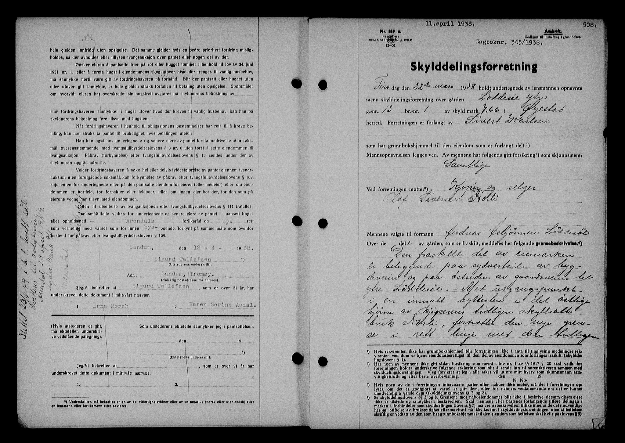 Nedenes sorenskriveri, AV/SAK-1221-0006/G/Gb/Gba/L0044: Mortgage book no. 40, 1937-1938, Diary no: : 365/1938