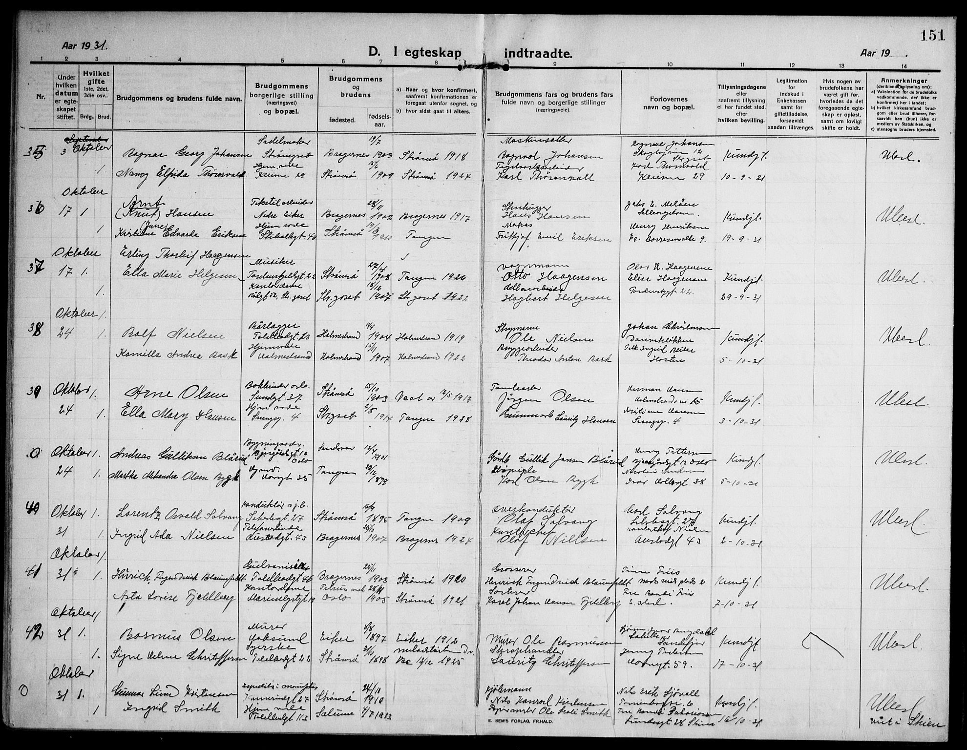 Strømsø kirkebøker, AV/SAKO-A-246/F/Fa/L0027: Parish register (official) no. I 28, 1912-1931, p. 151