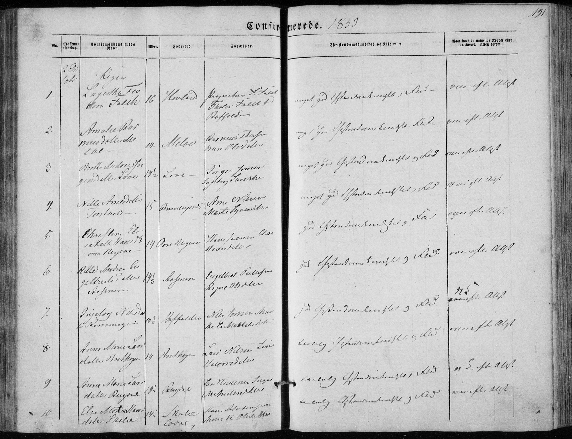 Hedrum kirkebøker, AV/SAKO-A-344/F/Fa/L0006: Parish register (official) no. I 6, 1849-1857, p. 191