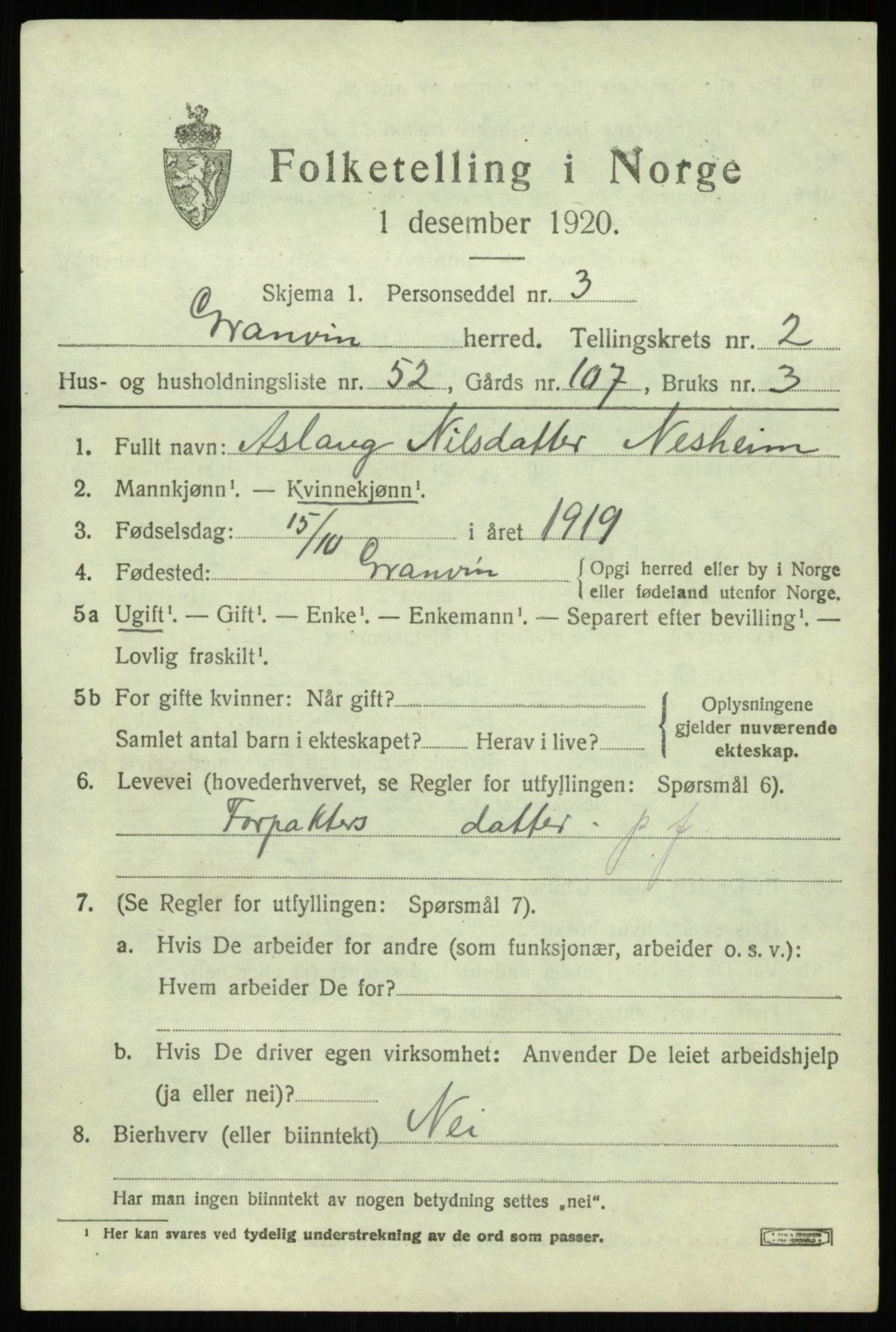 SAB, 1920 census for Granvin, 1920, p. 1164