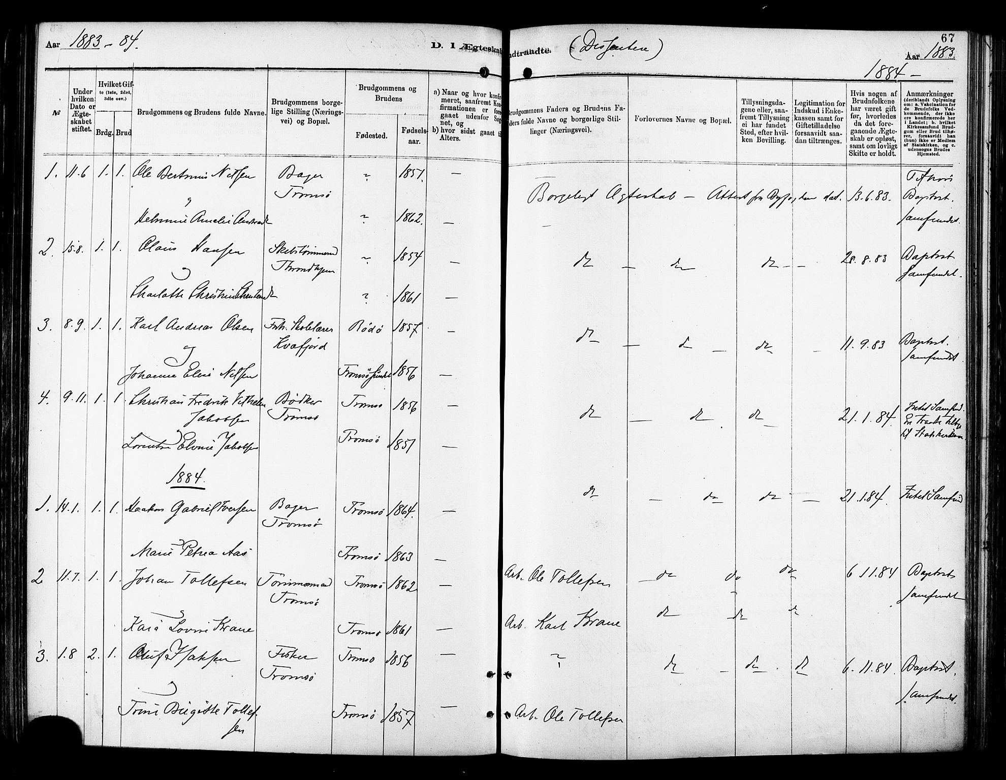 Tromsø sokneprestkontor/stiftsprosti/domprosti, SATØ/S-1343/G/Ga/L0014kirke: Parish register (official) no. 14, 1878-1888, p. 67