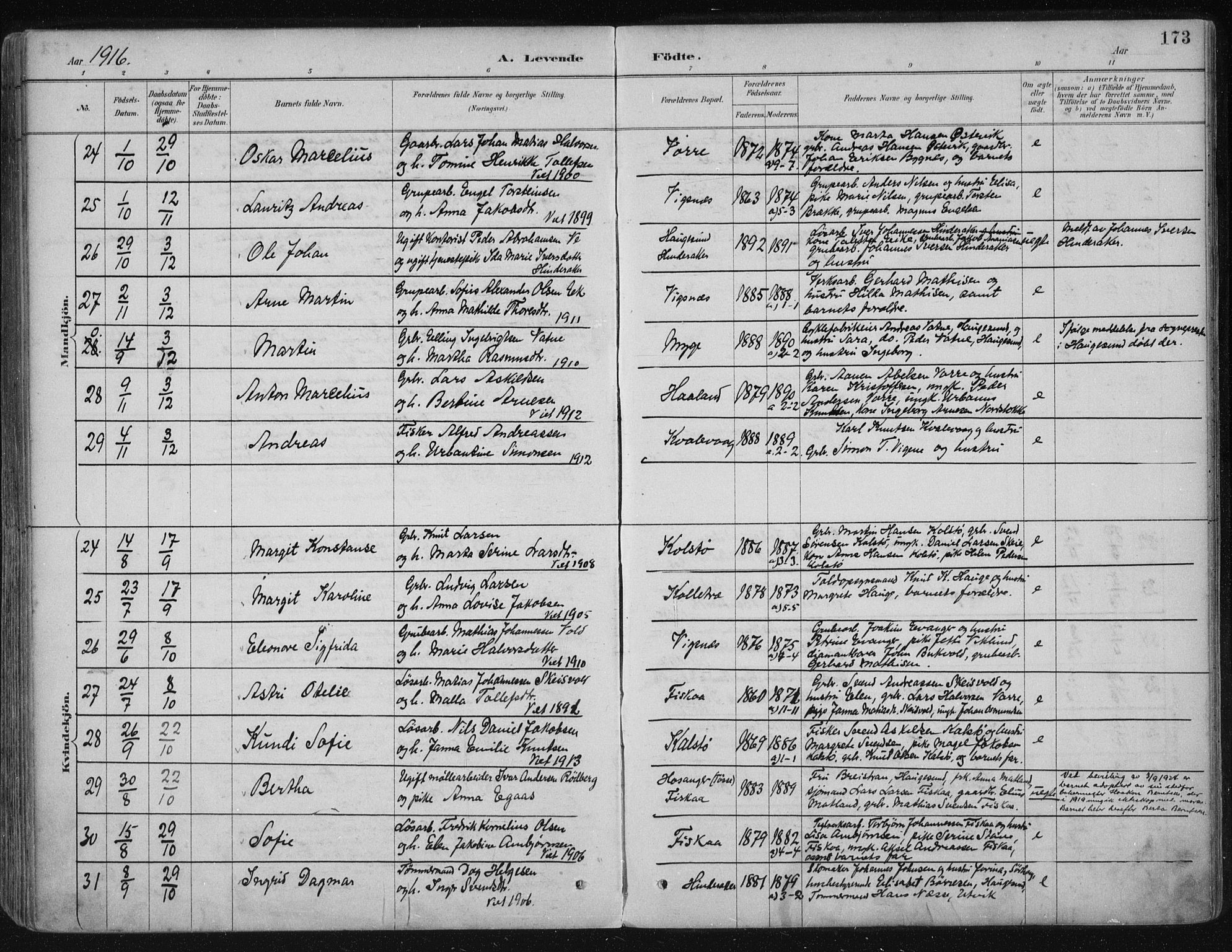 Avaldsnes sokneprestkontor, AV/SAST-A -101851/H/Ha/Haa/L0017: Parish register (official) no. A 17, 1889-1920, p. 173