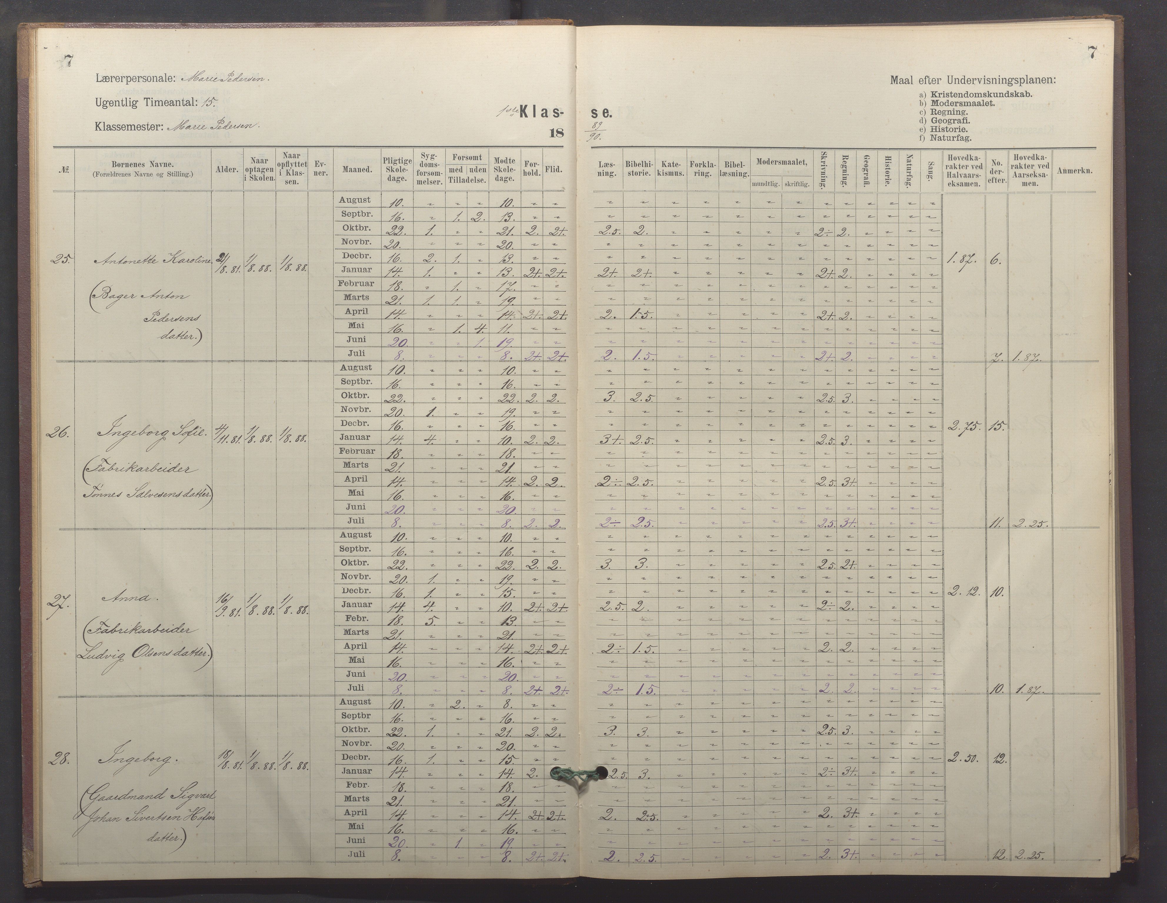 Egersund kommune (Ladested) - Egersund almueskole/folkeskole, IKAR/K-100521/H/L0026: Skoleprotokoll - Almueskolen, 1. klasse, 1889-1893, p. 7