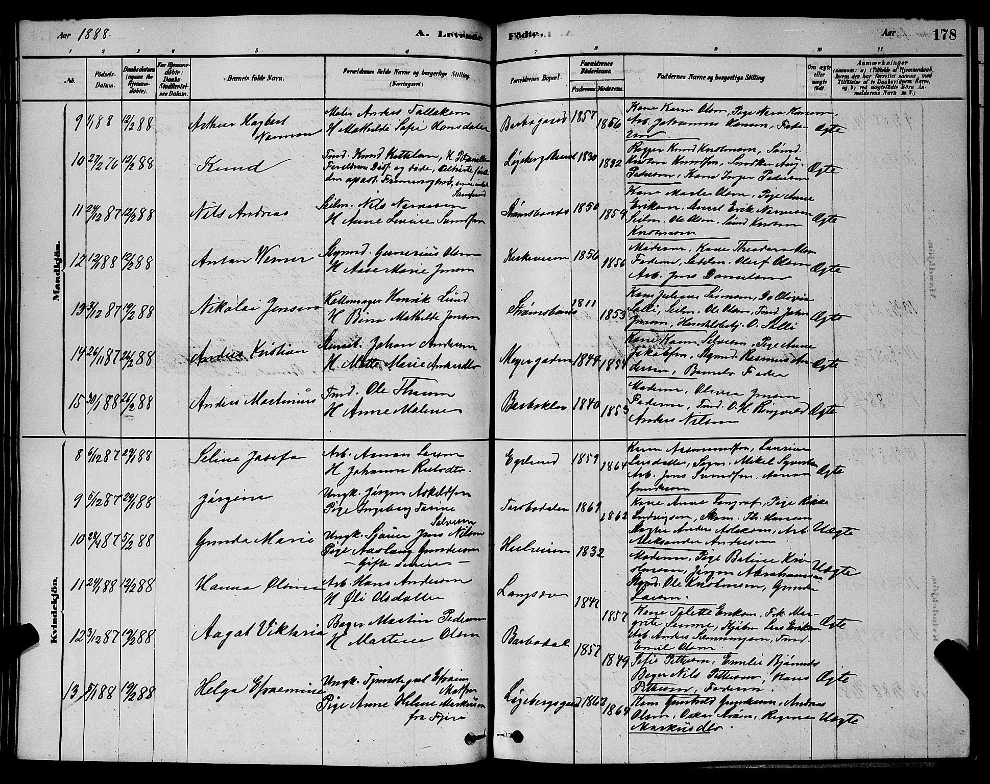 Barbu sokneprestkontor, AV/SAK-1111-0003/F/Fb/L0001: Parish register (copy) no. B 1, 1878-1890, p. 178