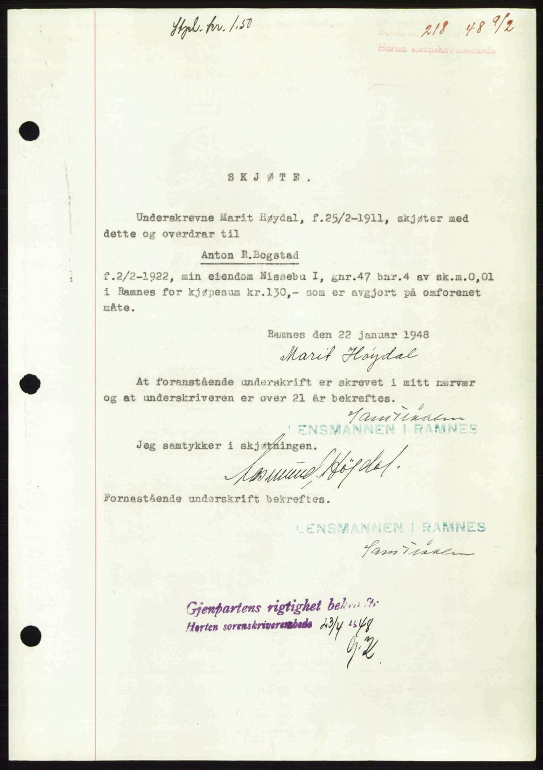 Horten sorenskriveri, AV/SAKO-A-133/G/Ga/Gaa/L0010: Mortgage book no. A-10, 1947-1948, Diary no: : 218/1948