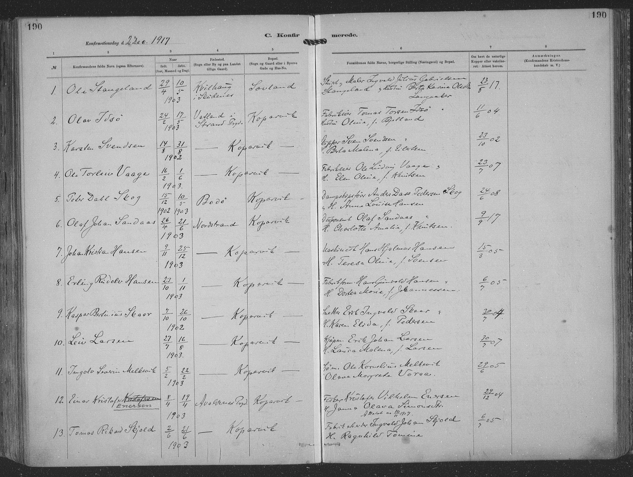 Kopervik sokneprestkontor, SAST/A-101850/H/Ha/Haa/L0001: Parish register (official) no. A 1, 1880-1919, p. 190
