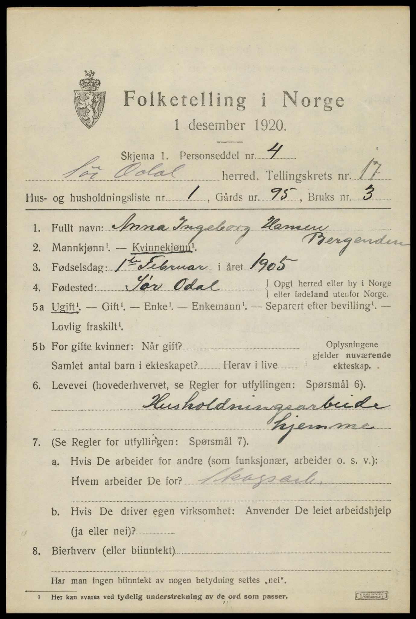 SAH, 1920 census for Sør-Odal, 1920, p. 17009